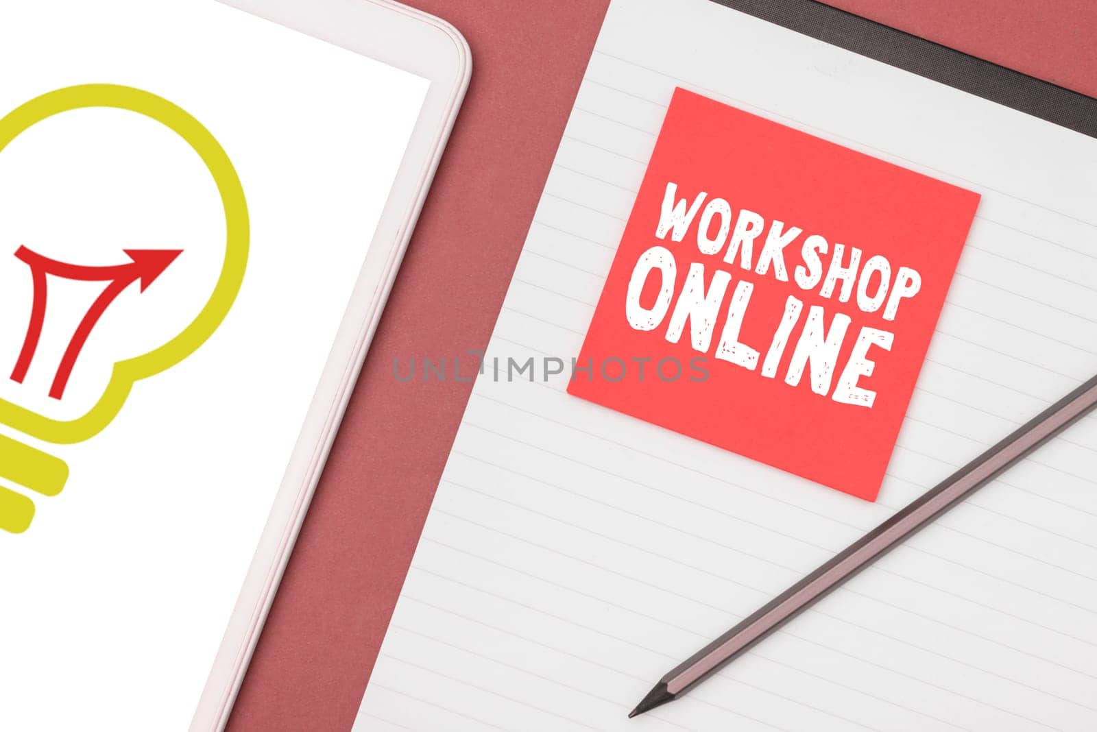 Conceptual caption Workshop Online, Business overview room or building in which goods are manufactured repaired