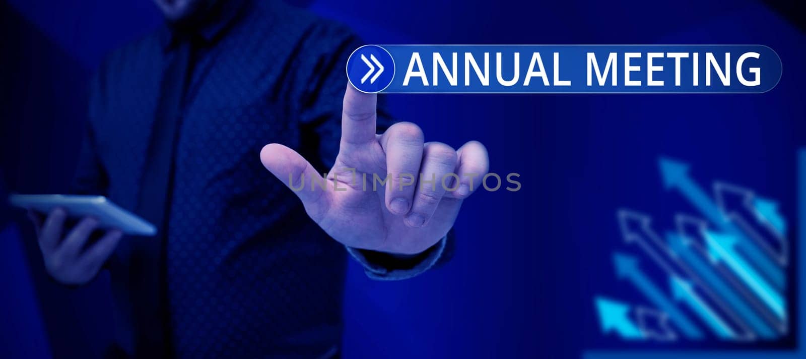 Sign displaying Annual Meeting, Concept meaning Yearly gathering of an organization interested shareholders