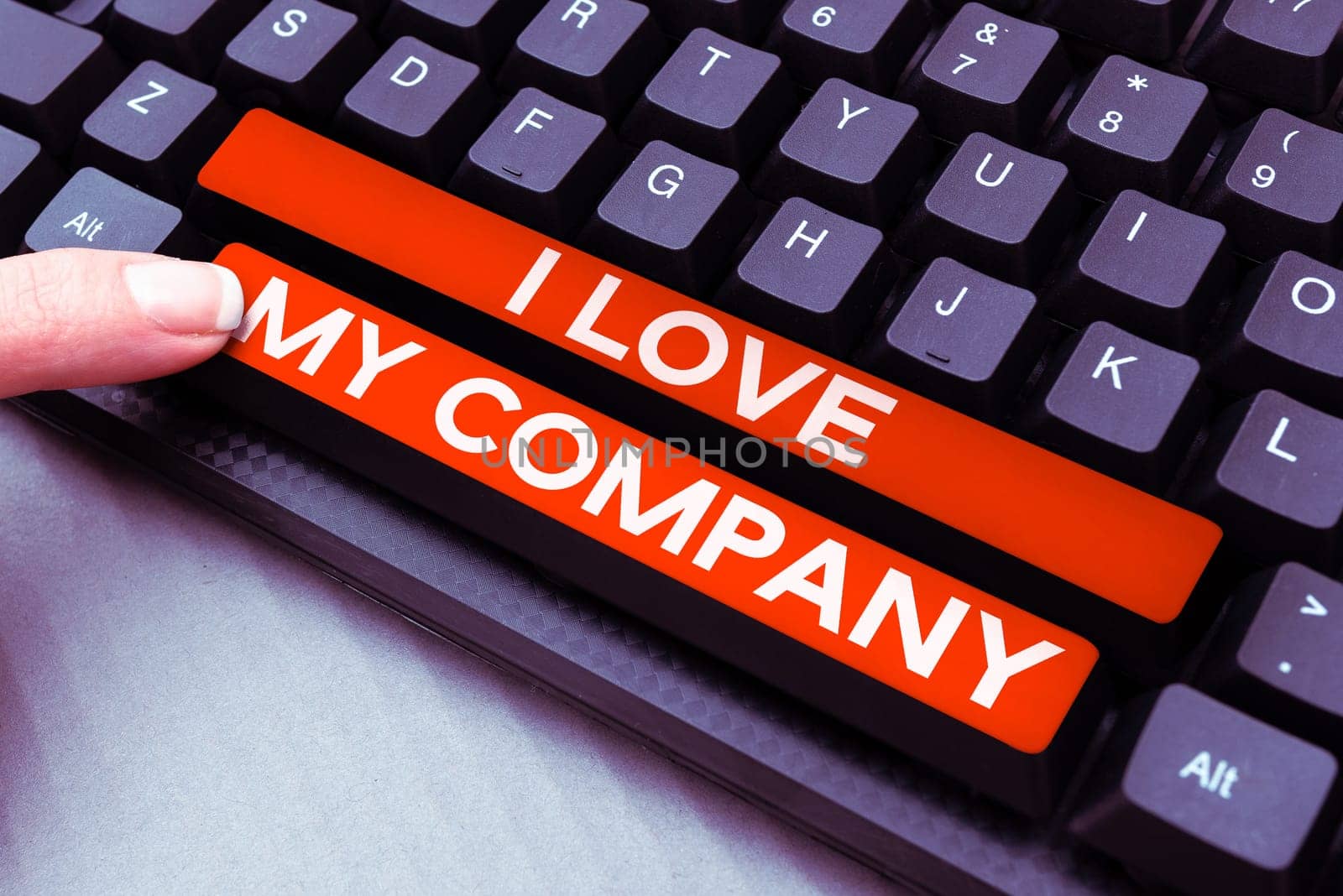 Conceptual caption I Love My Company, Business concept tell why admire their job and workplace