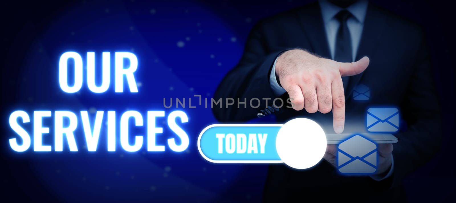 Conceptual display Our Services, Business idea The occupation or function of serving Intangible products