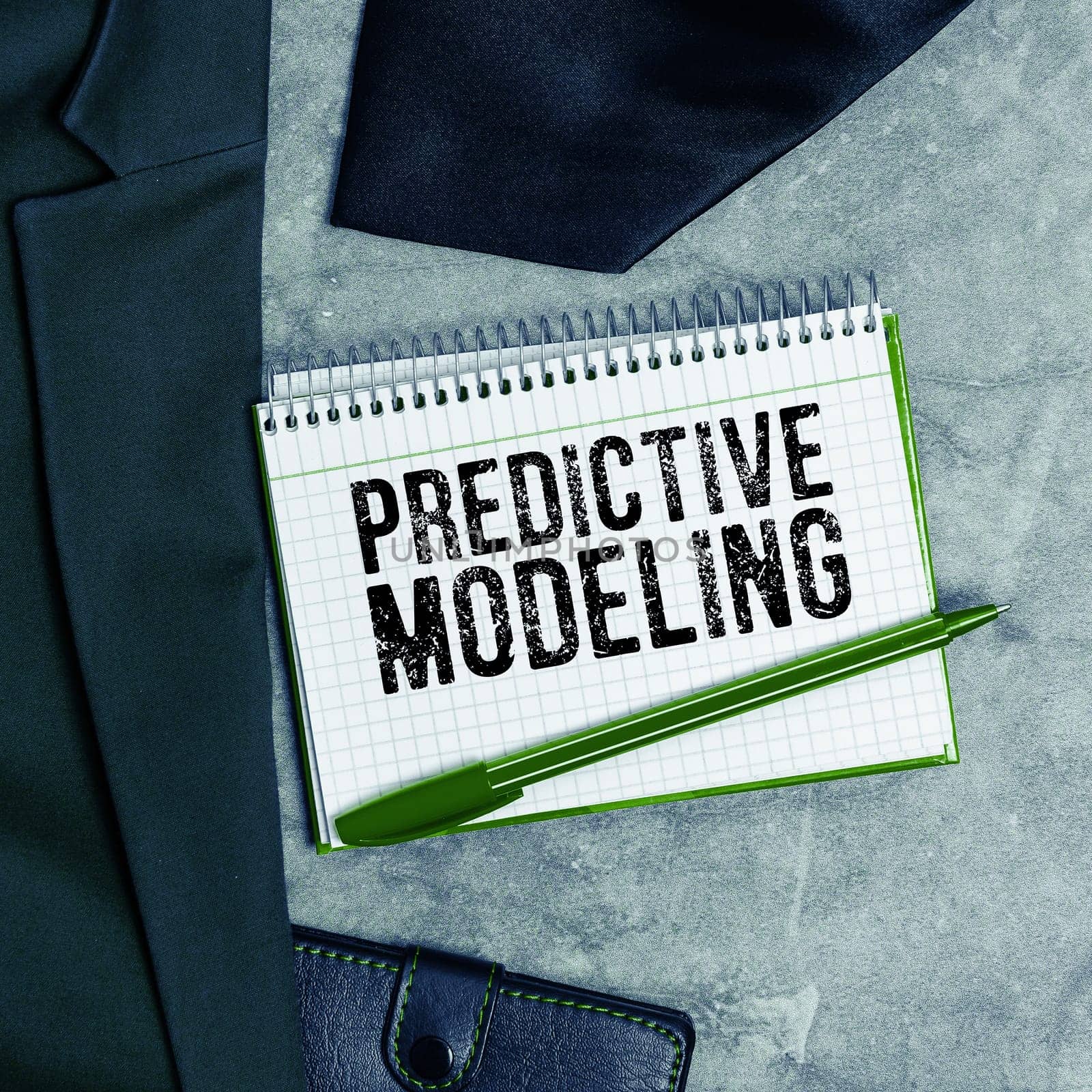 Hand writing sign Predictive Modeling, Business showcase maintenance strategy driven by predictive analytics
