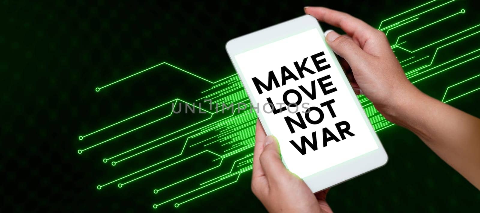 Hand writing sign Make Love Not War, Conceptual photo A hippie anti-war slogan encouraging love and peace