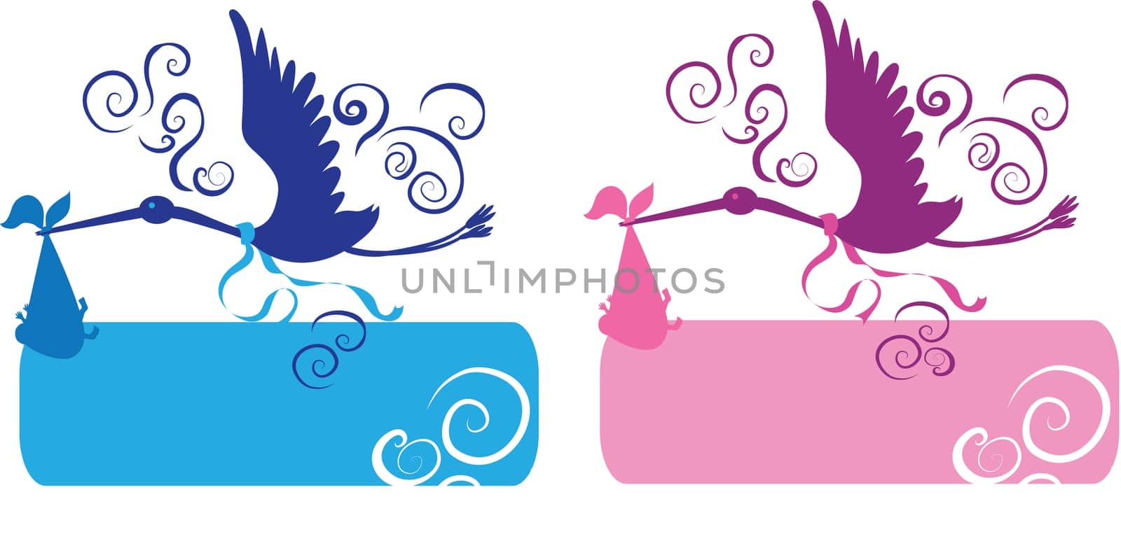 Stork and baby for girl and boy silhouettes