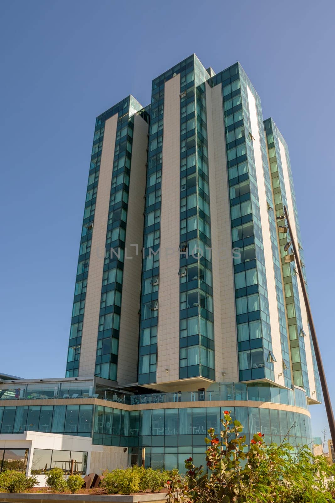 Arrecife, Lanzarote, Canary Islands, March 2023: View on one of the most controversial buildings on Lanzarote: the high-rise Gran Hotel