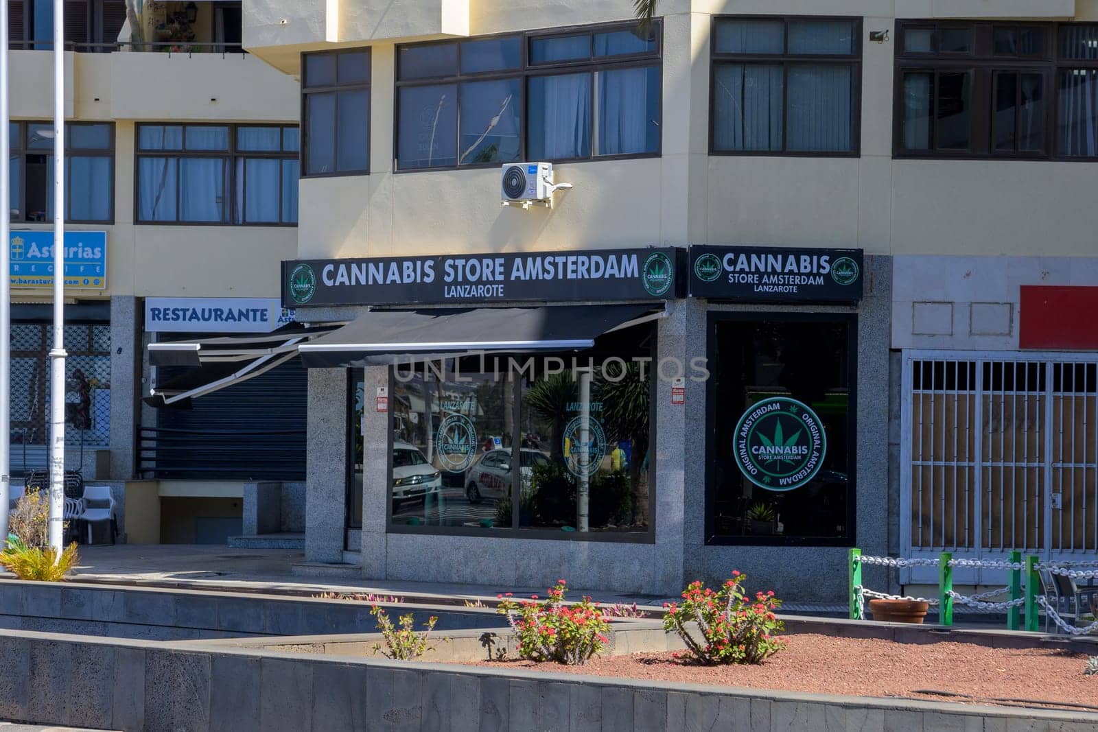 Arrecife, Lanzarote, Canary Islands, March 2023: View on Cannabis Store Amsterdam in Lanzarote, one of the Canary Islands