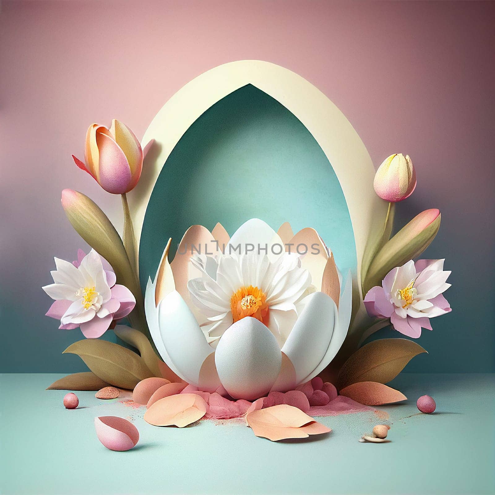 Podium platform and greeting card, flowers in spring, pastel colors, generative AI