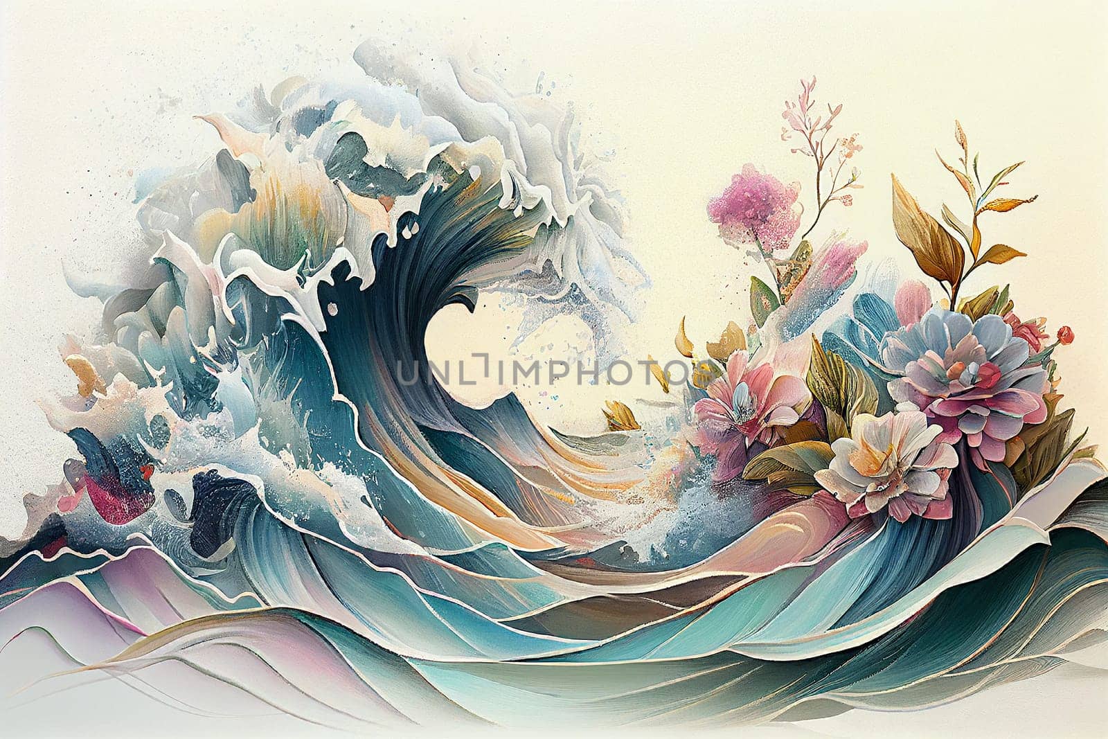 Colorful water wave with spring flowers, pastel color, floral ocean background, generative AI