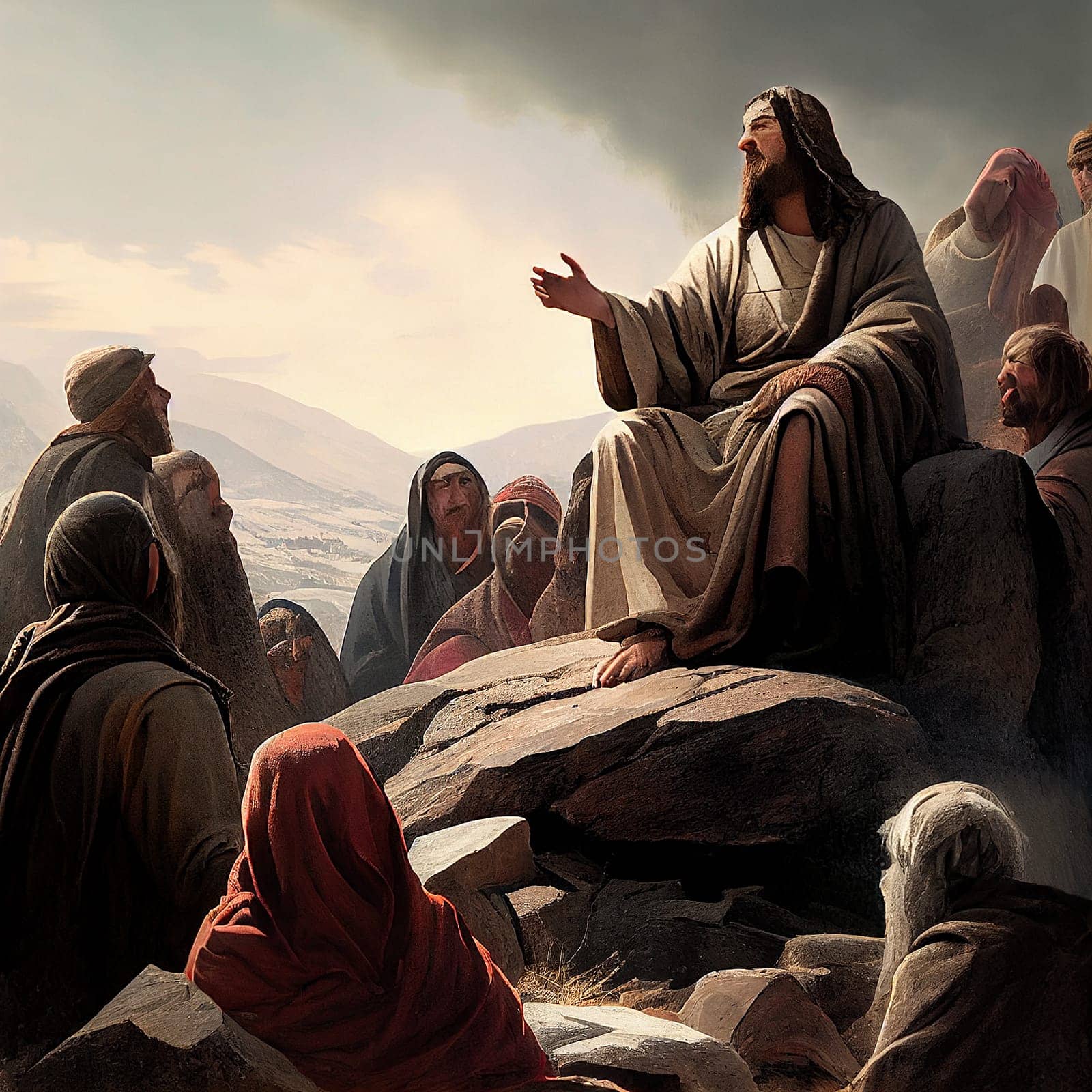 Jesus Christ talking to a group of believers in the desert, religion and faith of christianity, bibical story, generative AI