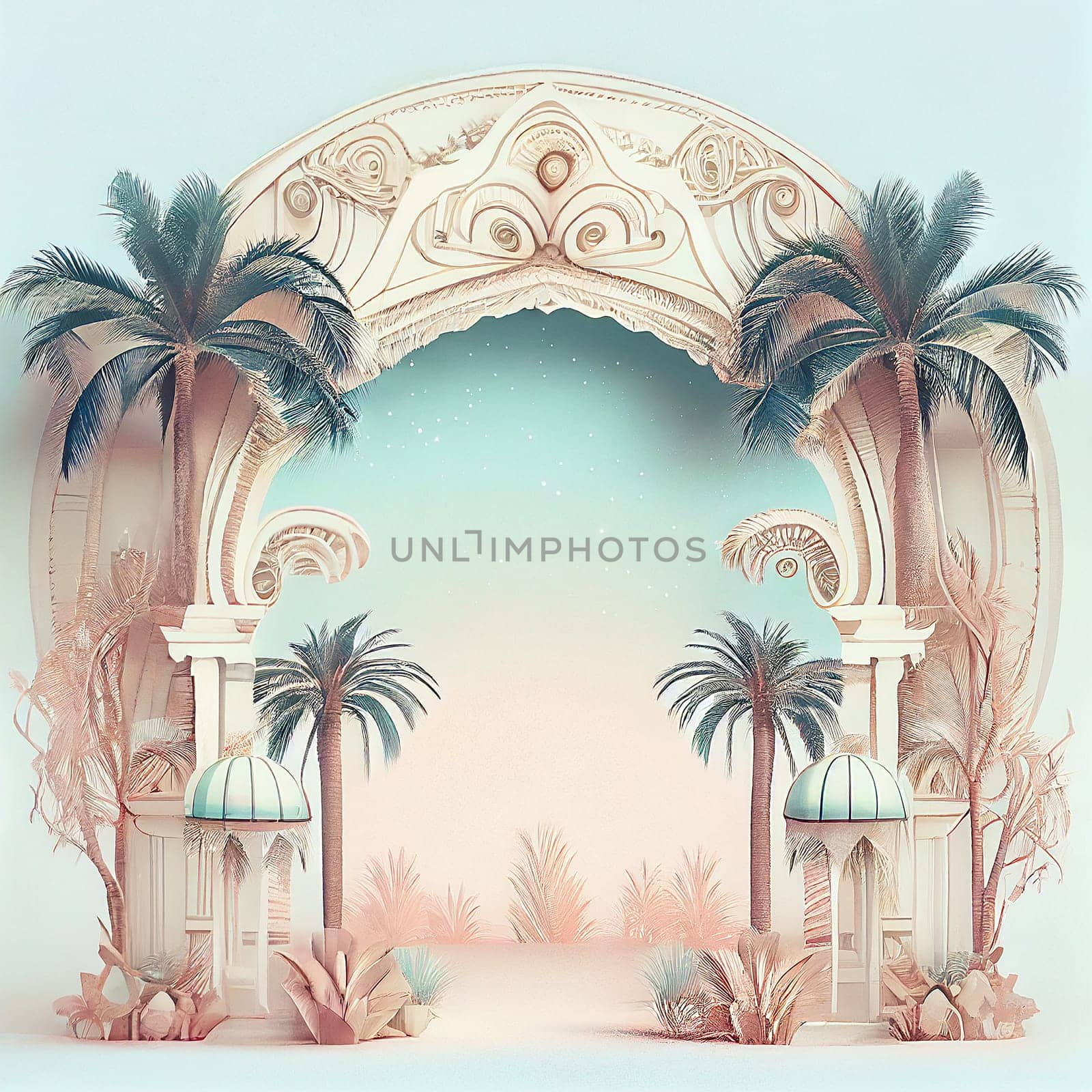 Oriental background with palm trees and and gate in an oasis, template for product and promotion, orient travel, generative AI