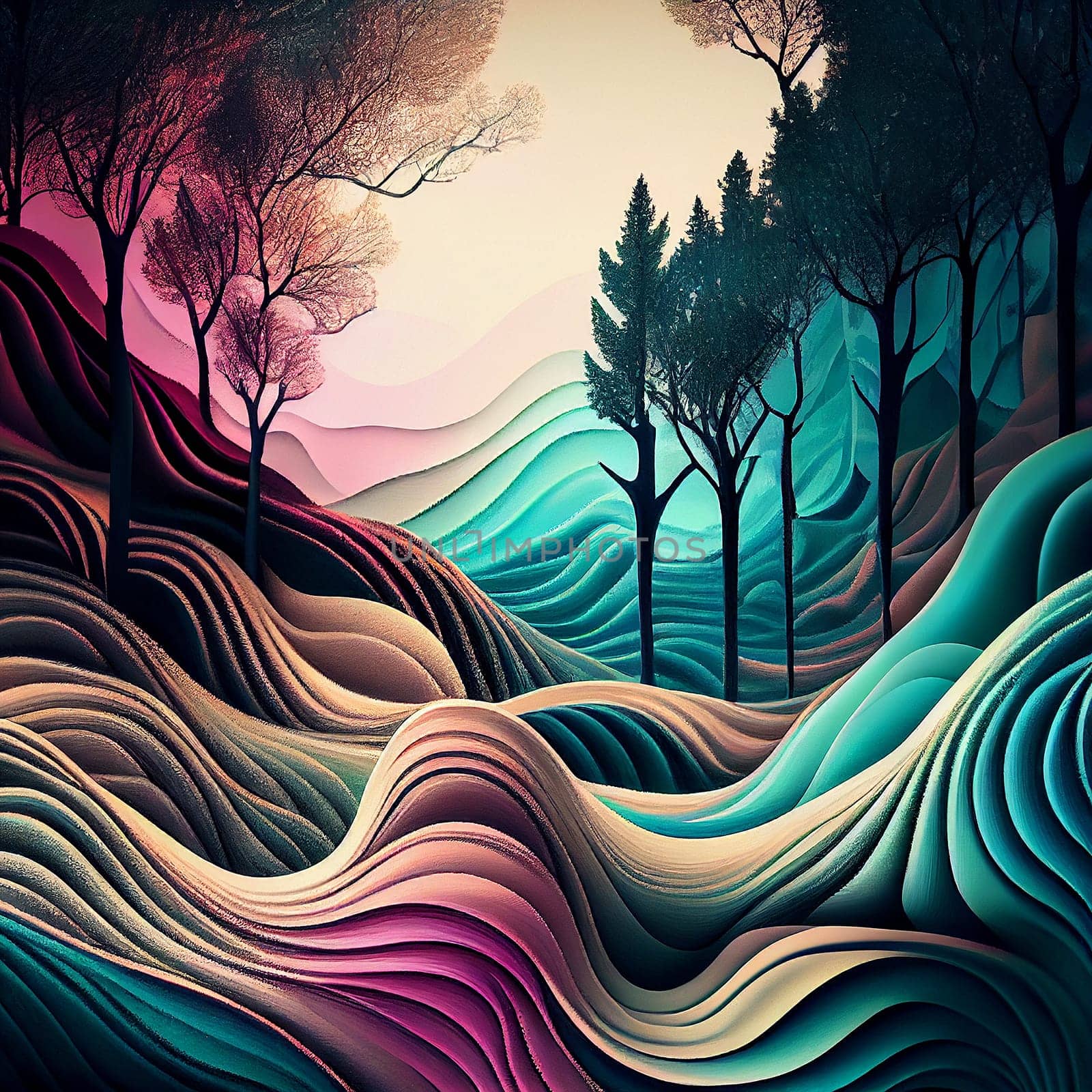 Psychic waves of light in the forest, spirituality and religious belief, inner dimension, personal growth, holy spirit, generative AI