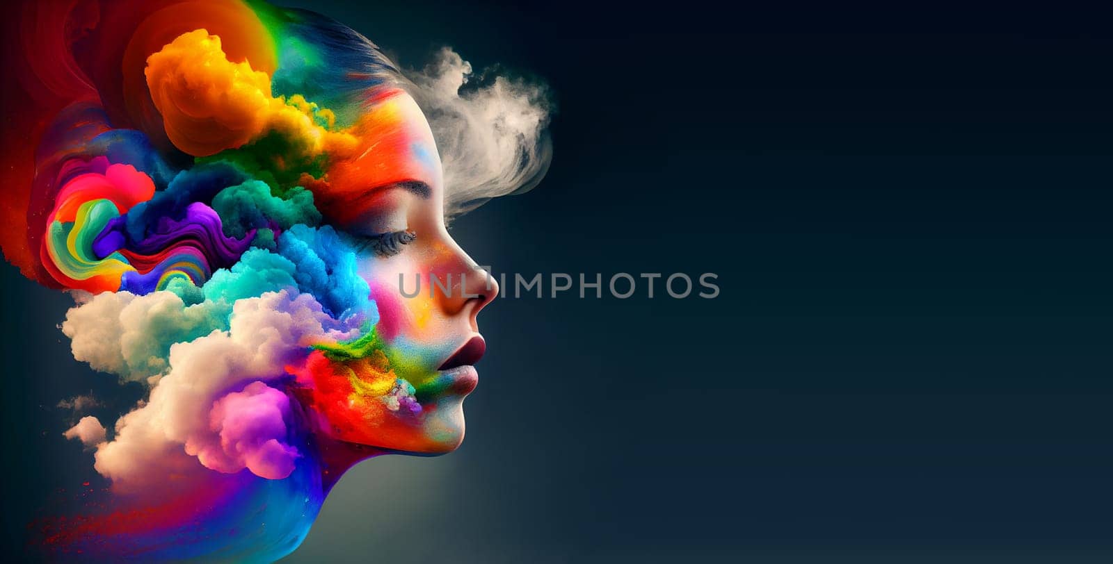 Woman with rainbow colored clouds, creativity explosion, positive thinking, self identidy and wave of imagination, generative AI