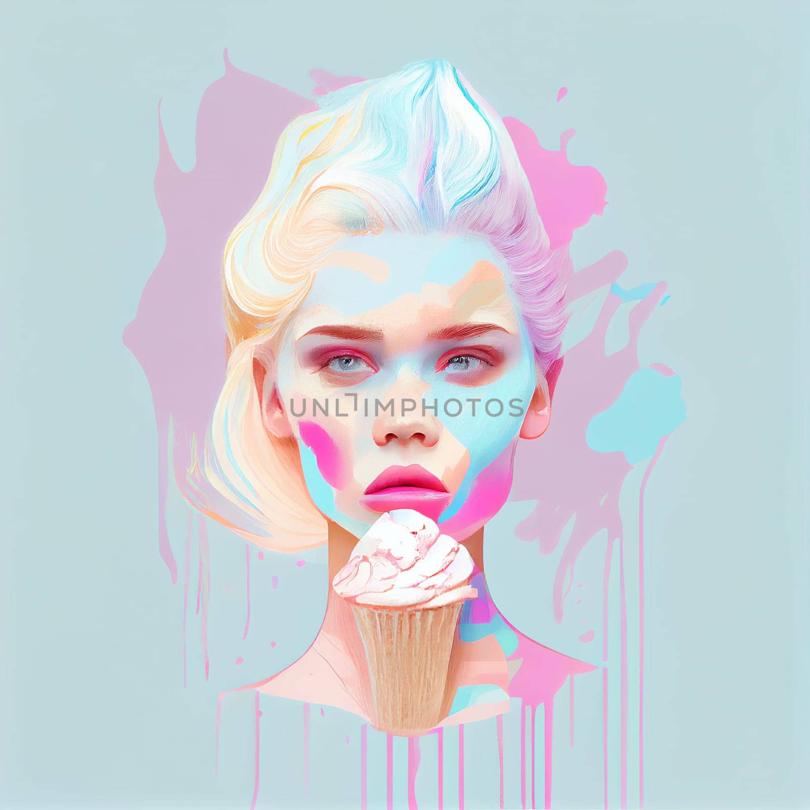 Beautiful woman, waffle cone on the head, ice cream melting down the face, summer feeling, vibrant pastel color, generative AI