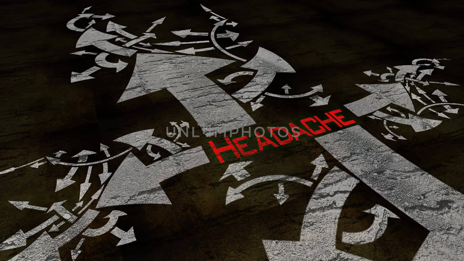 Headache text on a crossroad in different ways of arrows,Headache text on a crossroad in different ways of arrows