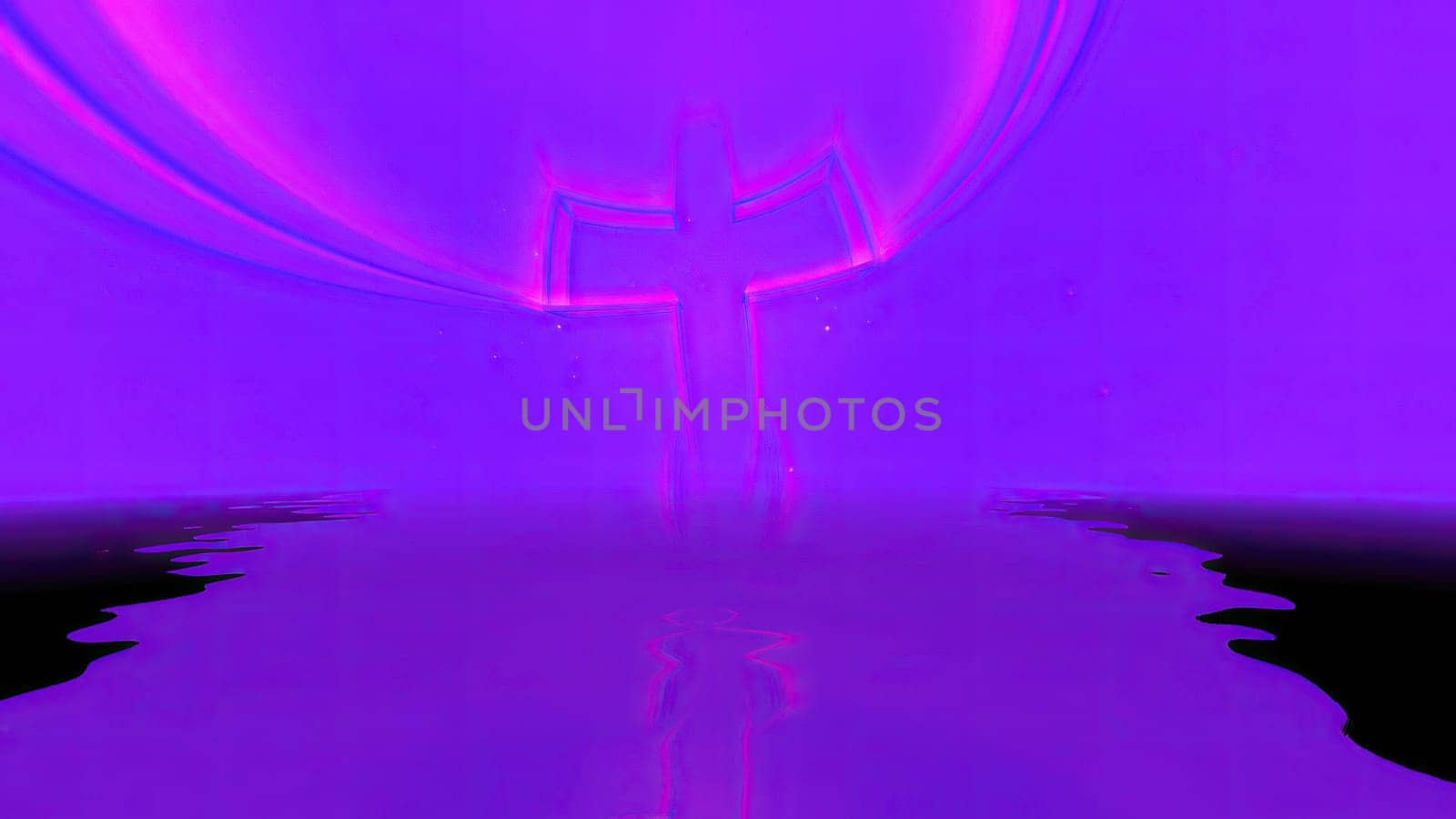3D neon glow cross  over blue reflecting in water,3D neon glow cross  over blue reflecting in water