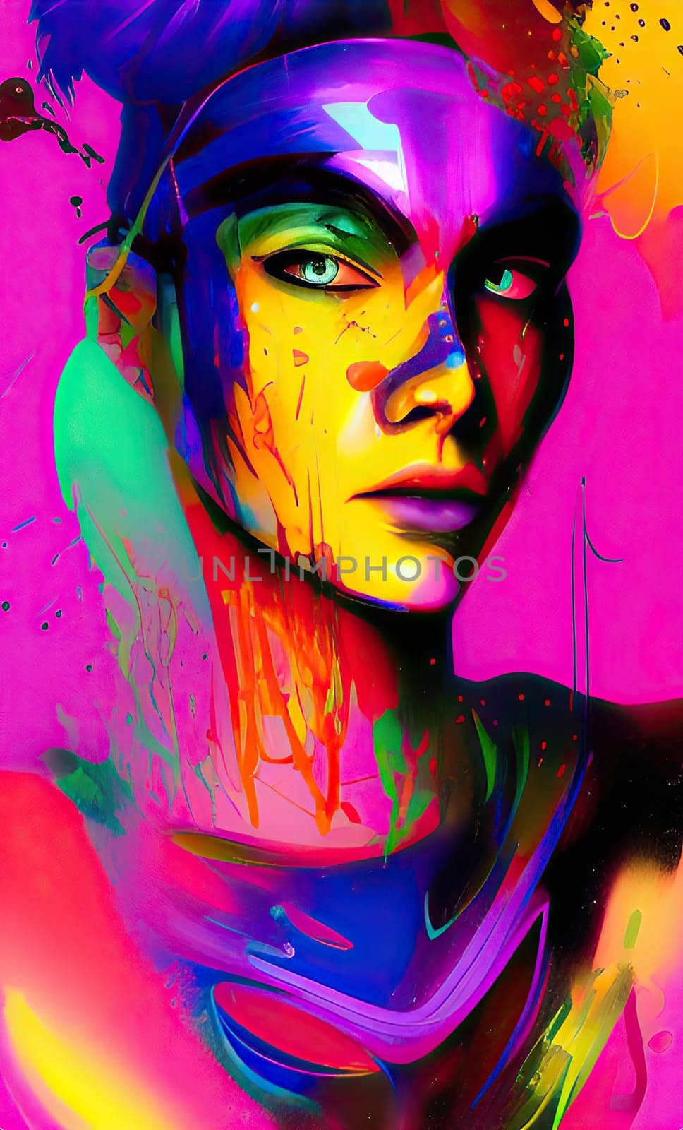 Colourful modern abstract woman face. Hand drawn digital art  illustration