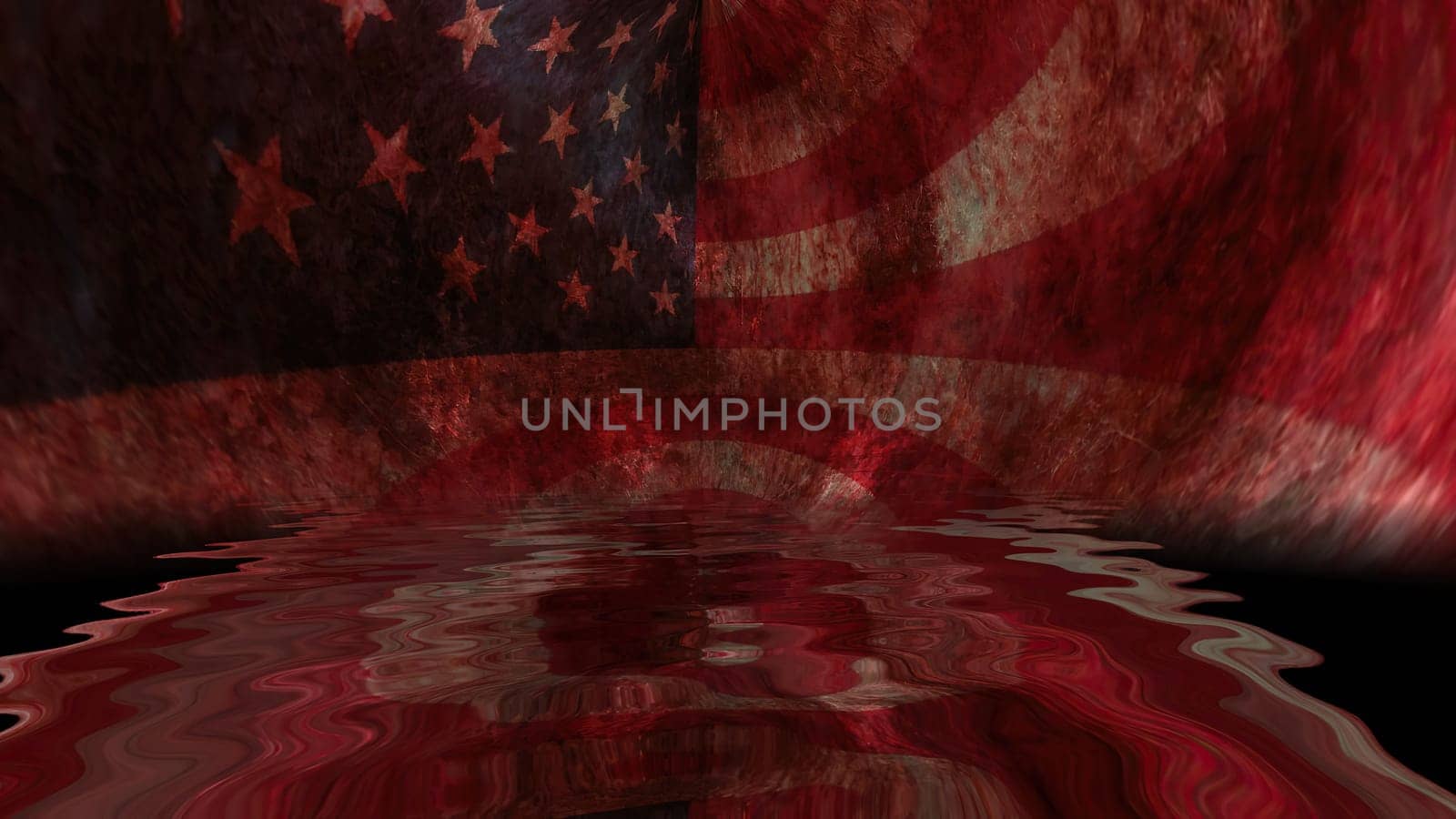 USA flag on grunge bloody background reflected in water,USA flag on grunge bloody background reflected in water