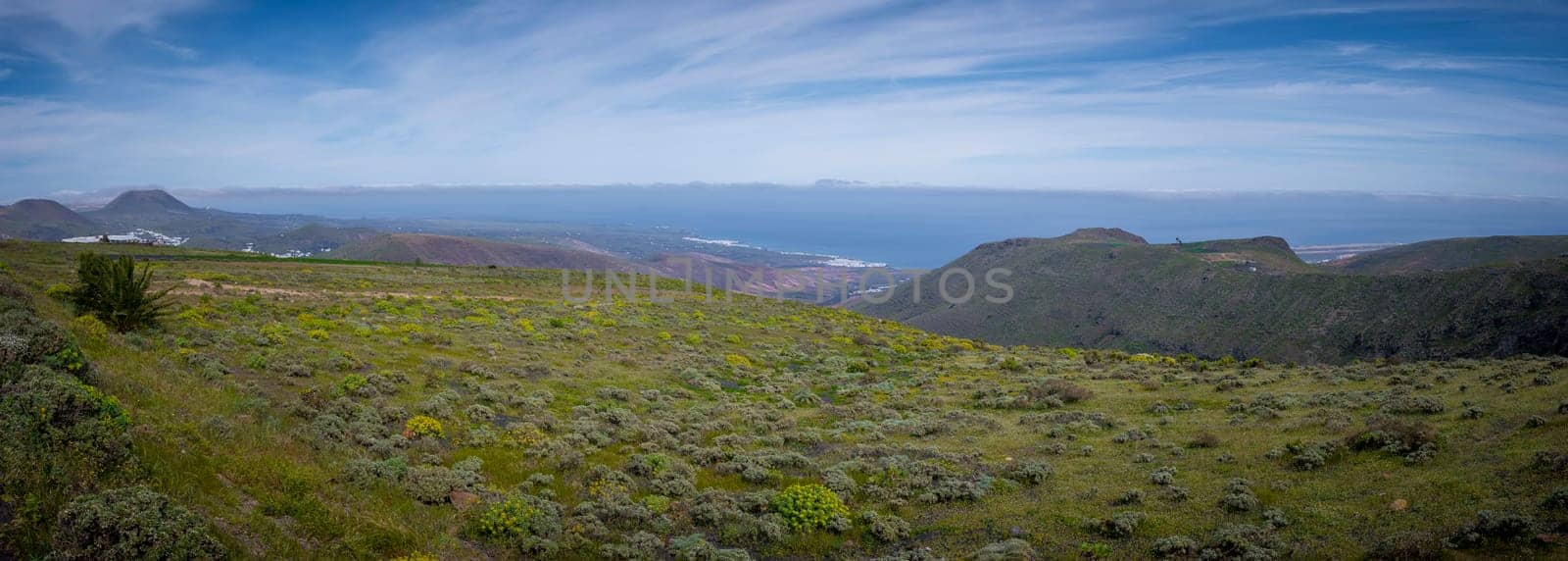 Panoramic Lanzarote landscape during springtime. Volcanic environment on the Canary Islands