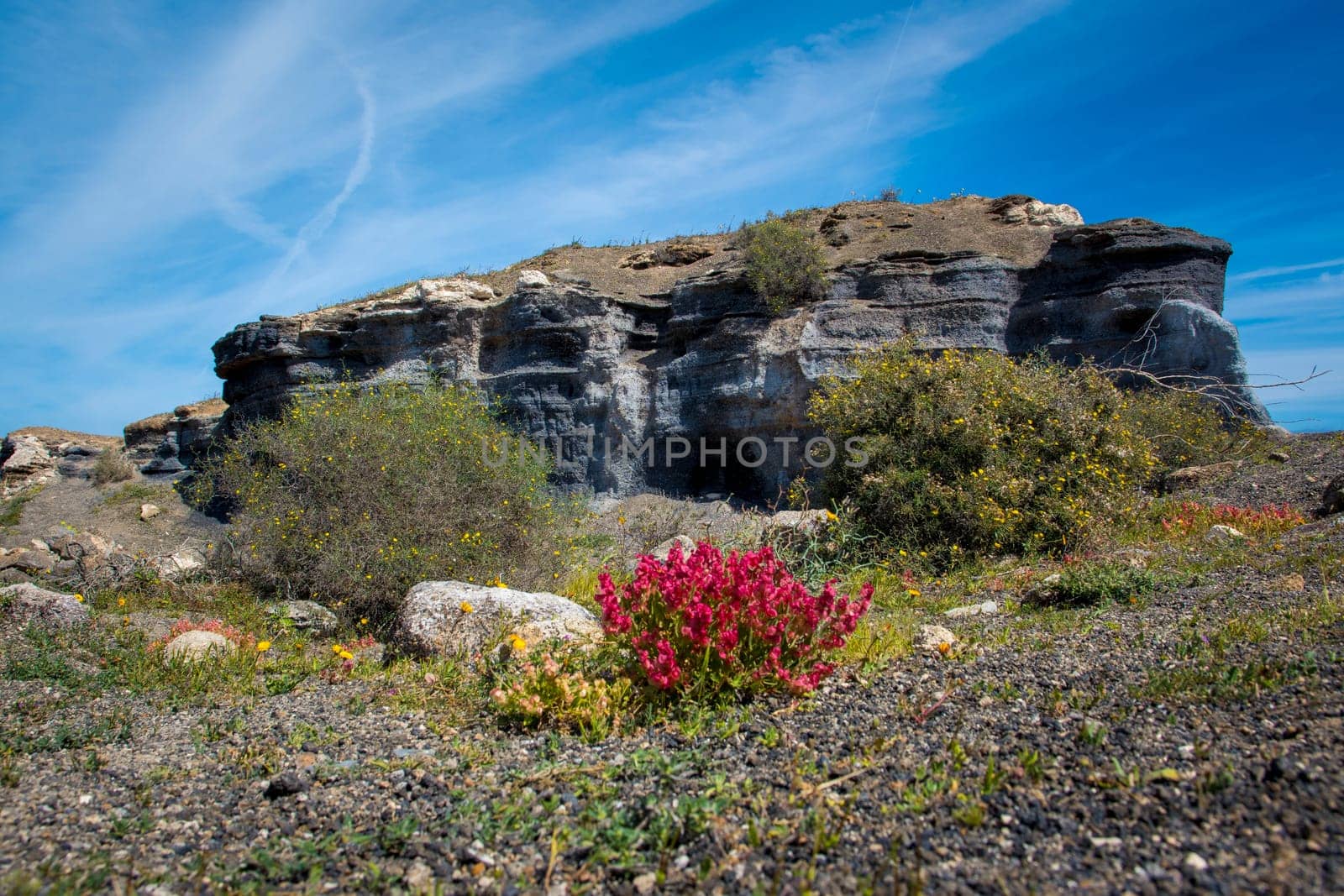 View on Stratified City (Antigua rofera de Teseguite), a natural tourist attraction on the Canary Island of Lanzarote, Spain.