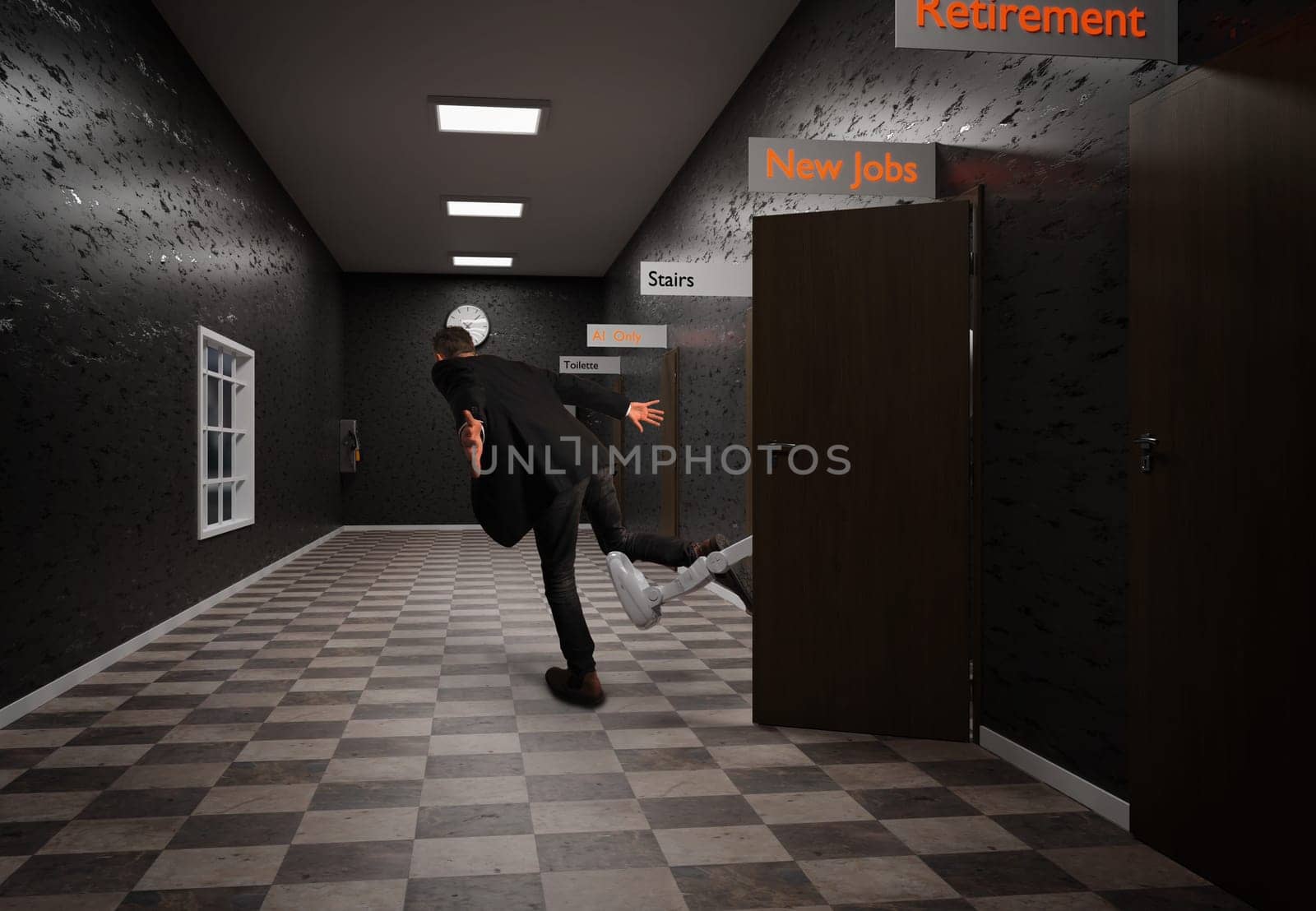 Robot employee at job center kicks job seeker out! High efficiency through artificial intelligence as a replacement for human workers.