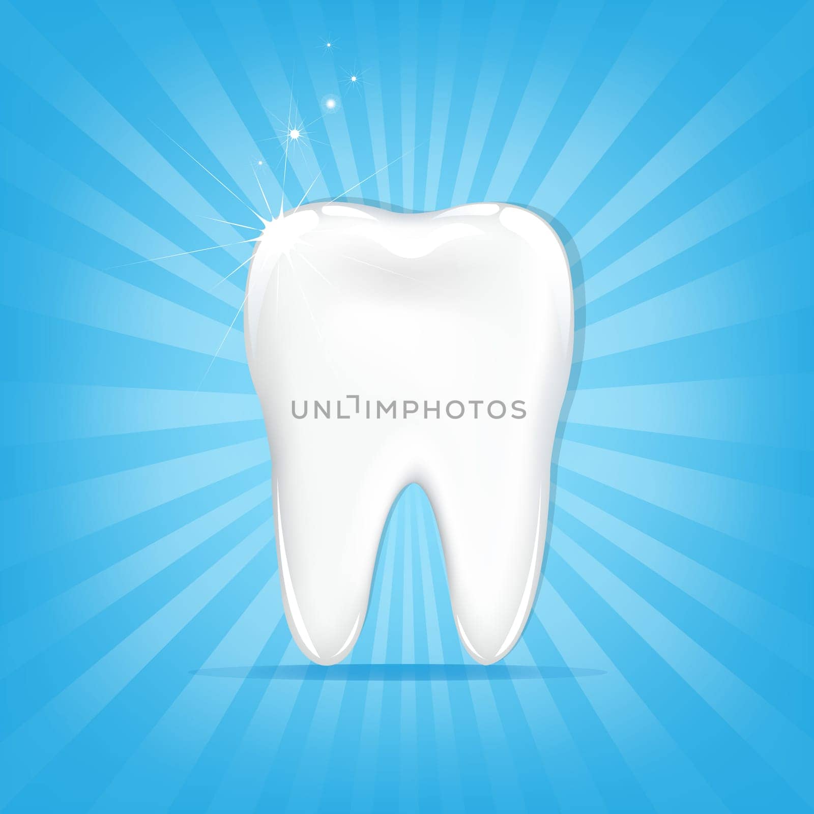 Tooth, On Blue Background With Beams And Stars, Vector Illustration