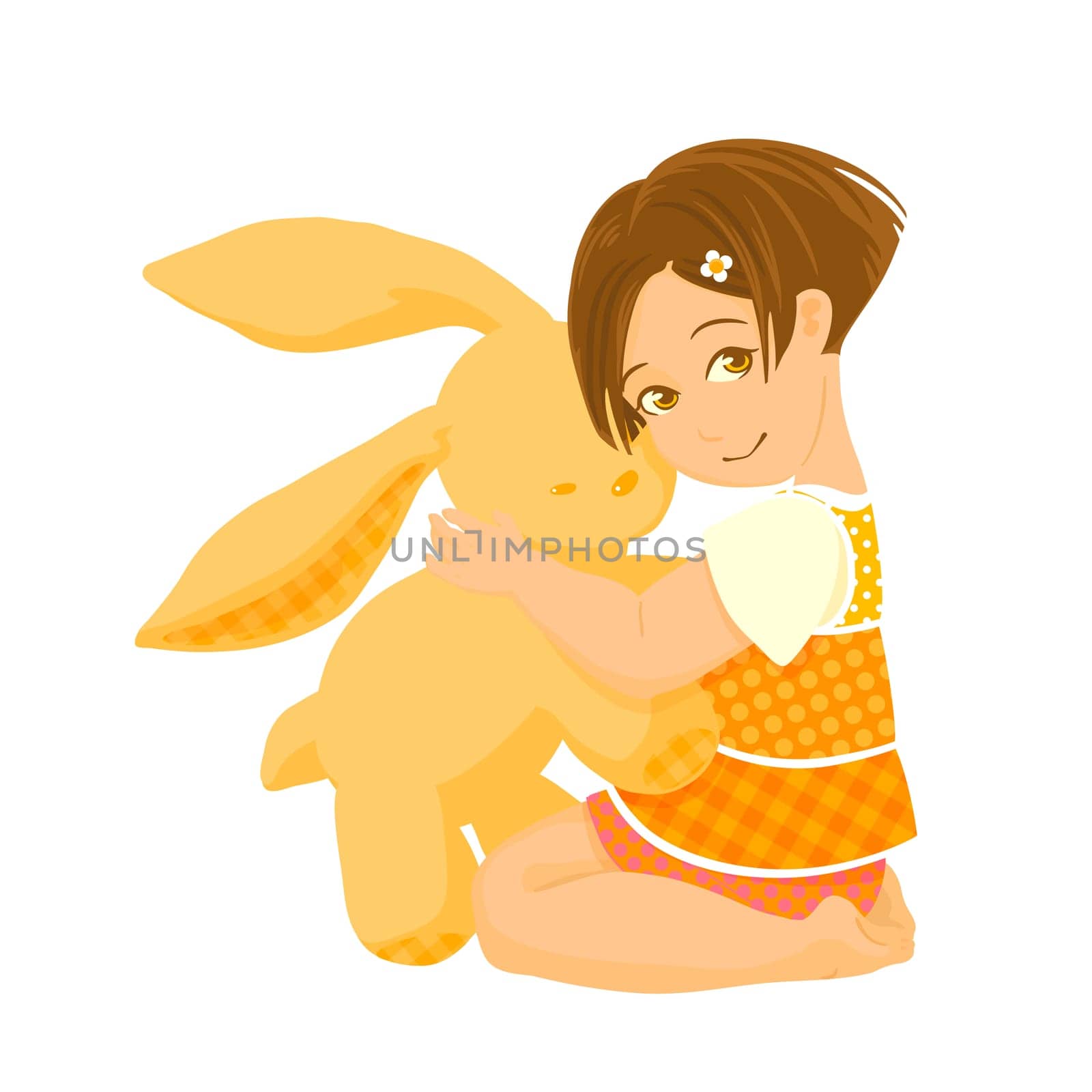 Illustration of pretty girl hugging a bunny toy