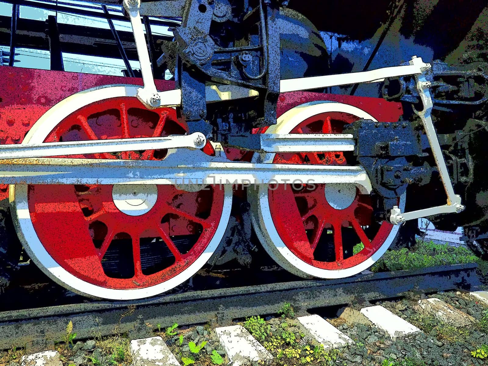 Retro vintage wheels of a locomotive or train close up. Red large heavy metal wheels with piston guiding mechanisms. Locomotive of the 19th - 20th centuries with a steam engine. Bright vivid photo.
