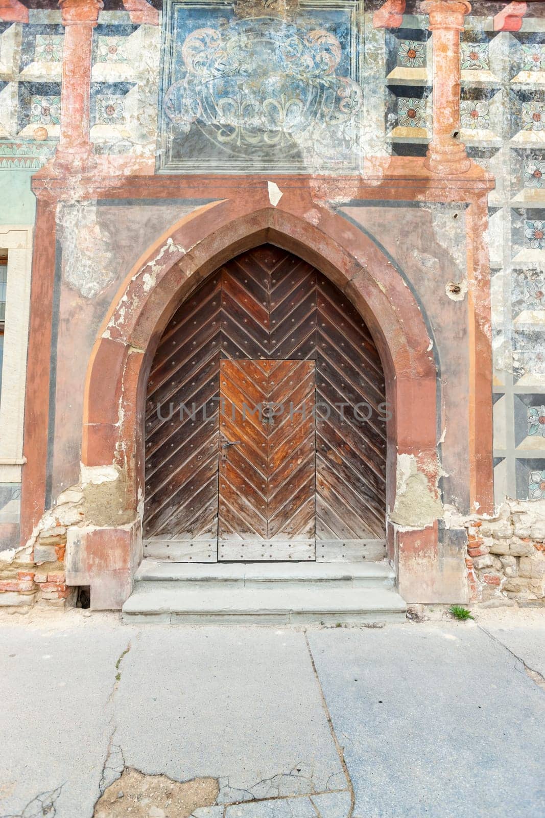 Traditional wooden door in the town, Slovakia, Europe