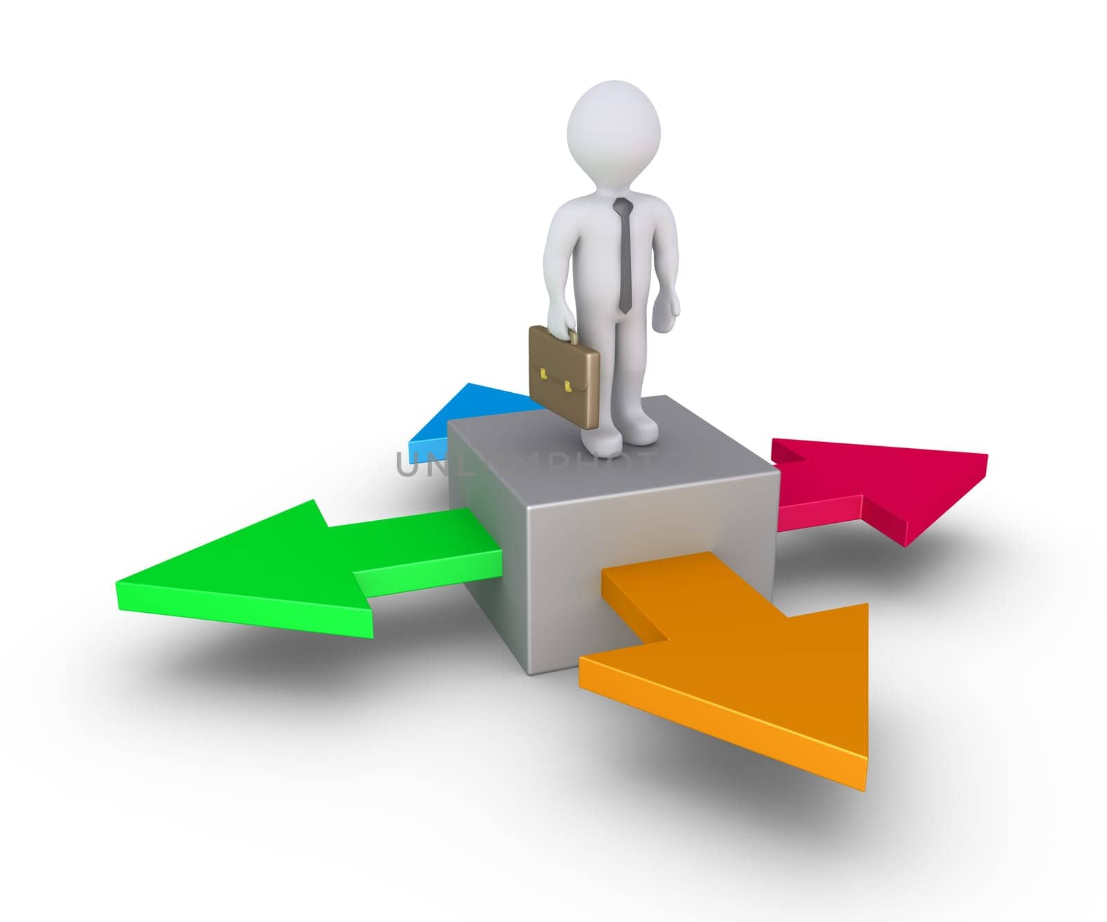 Businessman standing on a box with four arrows pointing at different directions
