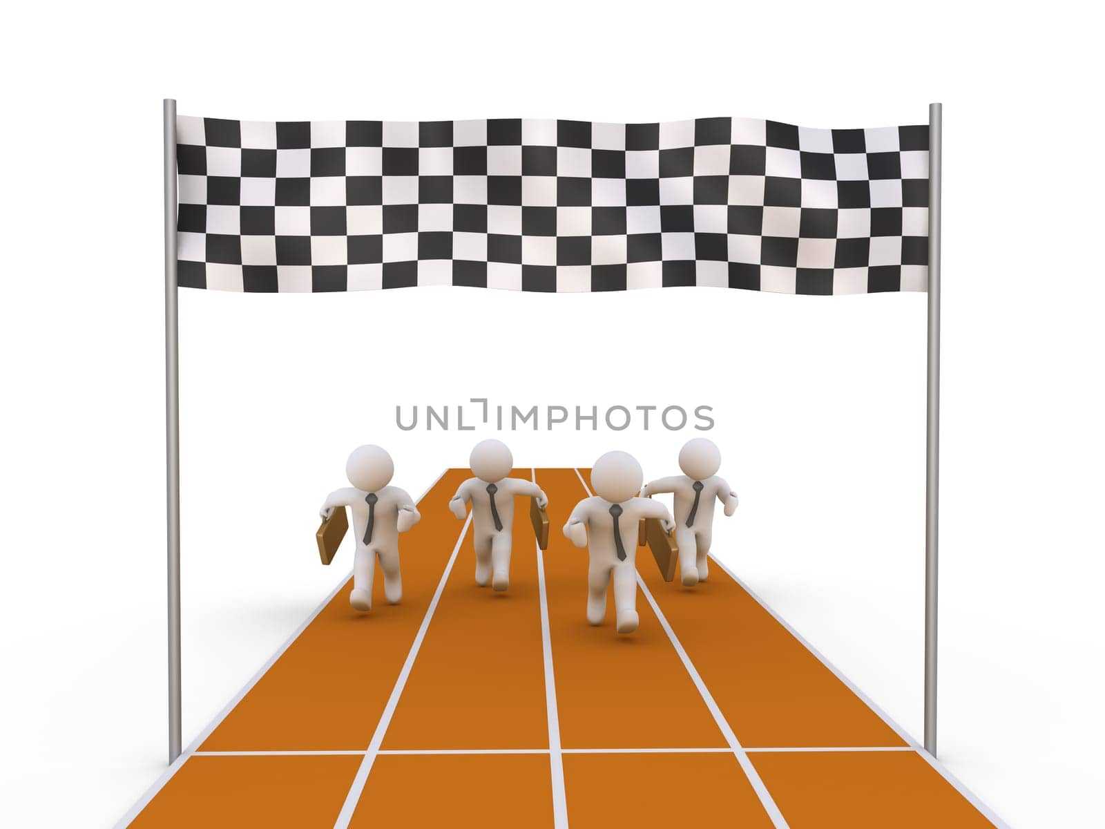 Businessmen are racing on track with a checkered banner at the end