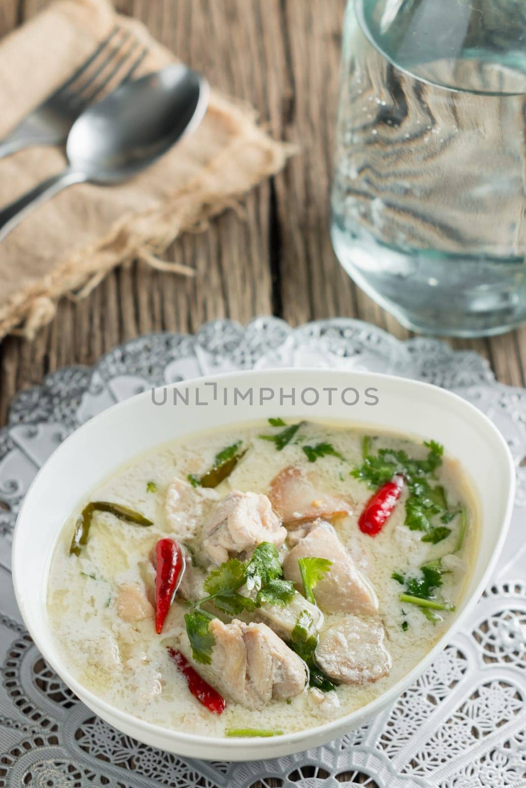 Coconut milk with chicken. Traditional thai soup "Tom Kha Gai"""