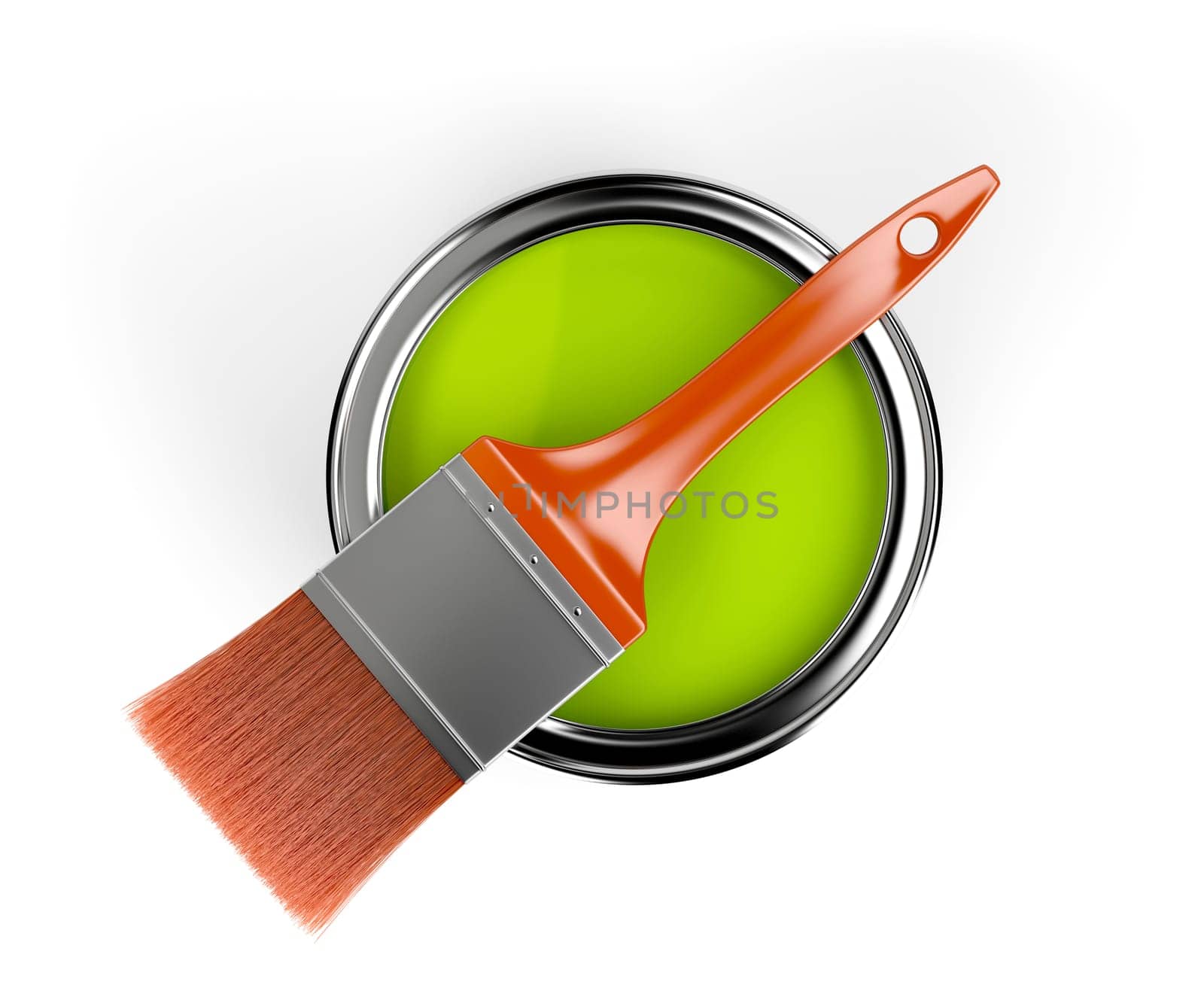 Orange paintbrush and paint can with green color, top view
