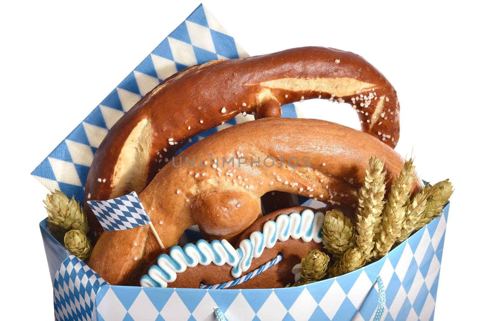 Bavarian Oktoberfest paper tote bag with gingerbread heart,breze,hops and wheat
