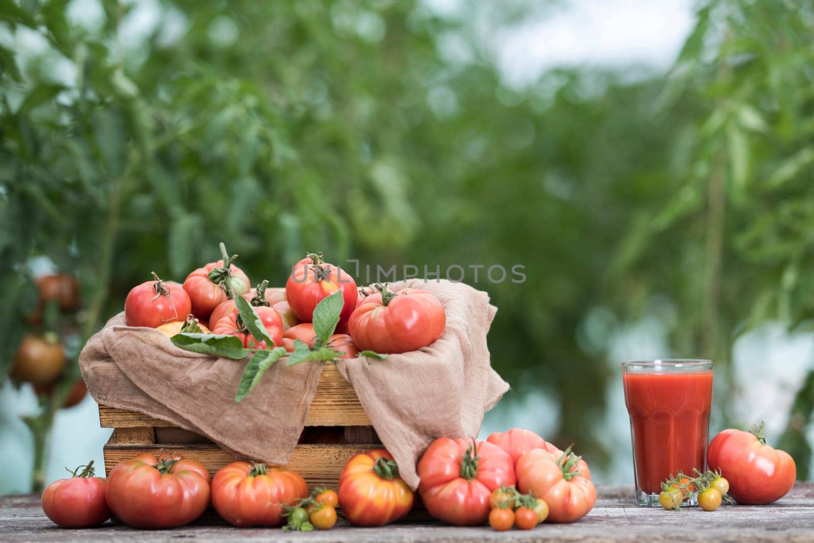 Fresh red tomato juice, on a wooden background