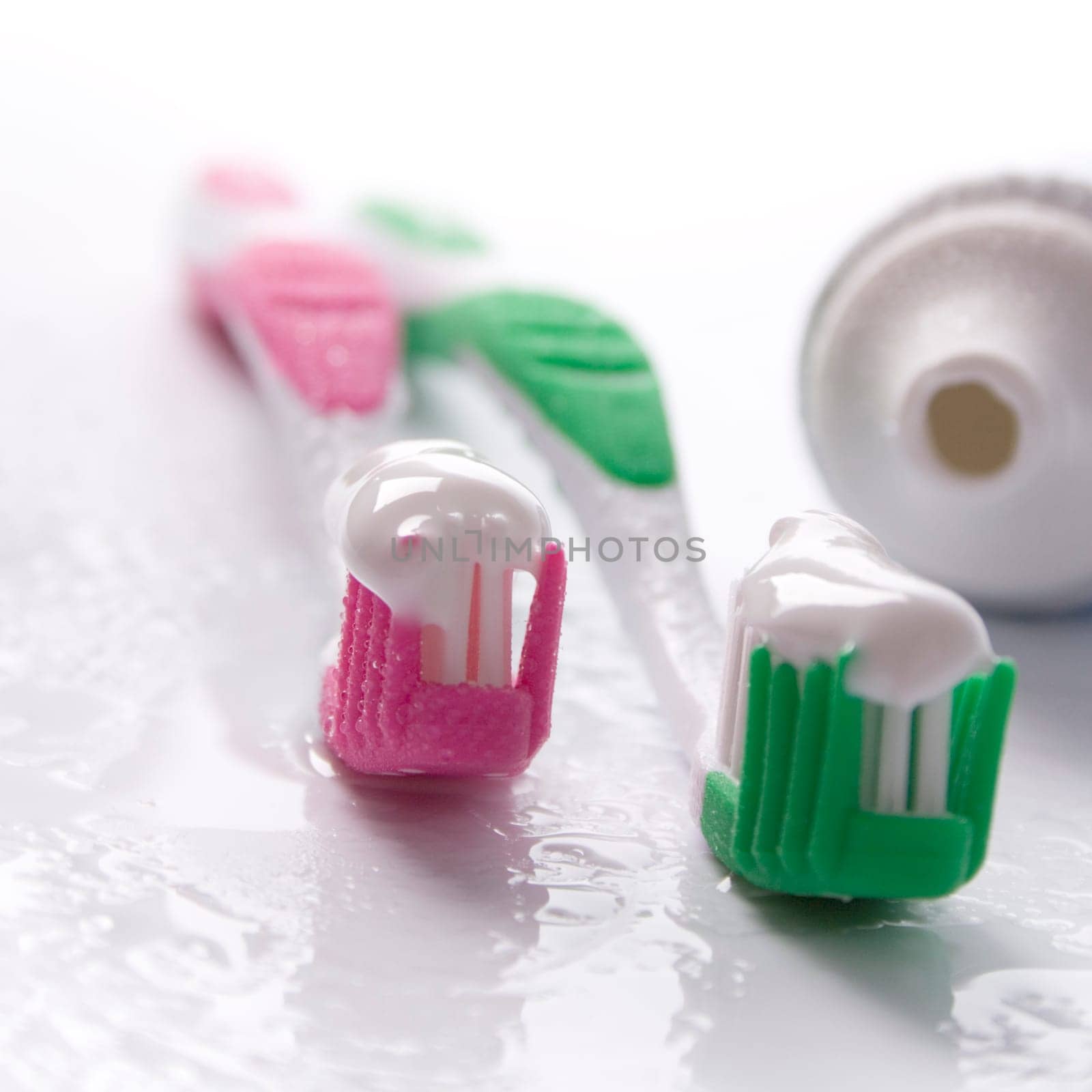 toothpaste and toothbrushes closeup. dental care