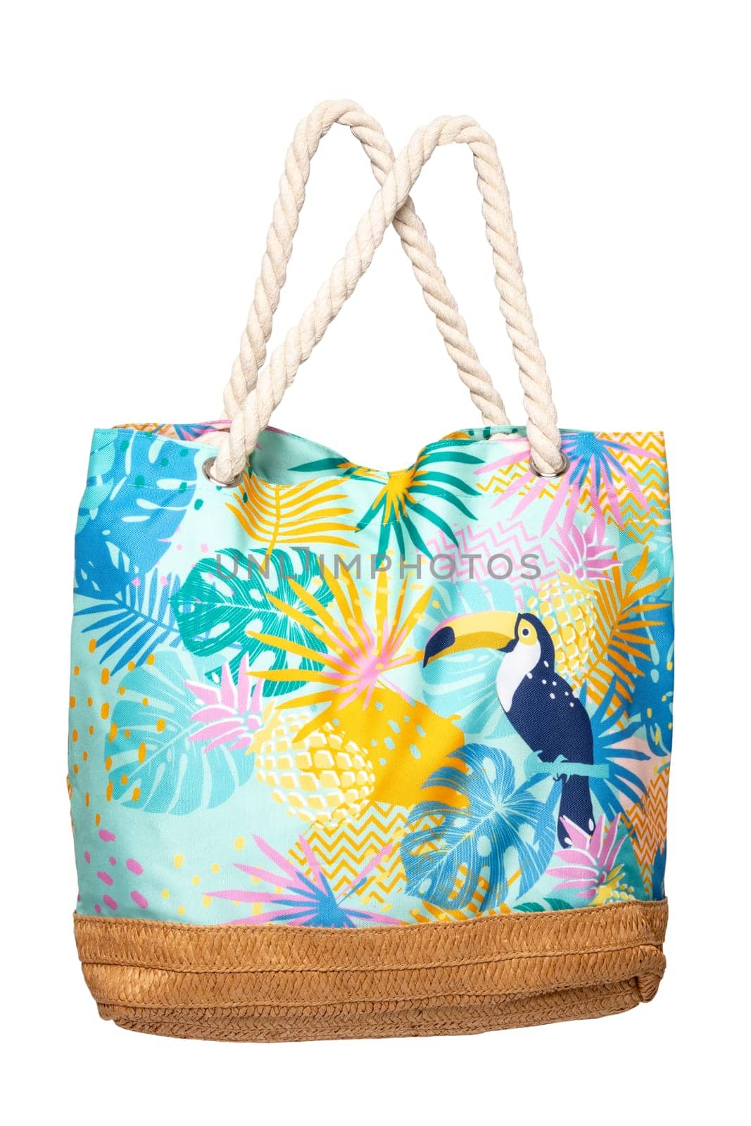 Colorful beach bag isolated on a white background. Clipping path. Summer holidays, vacation and travel concept. Beach handbag for travel.