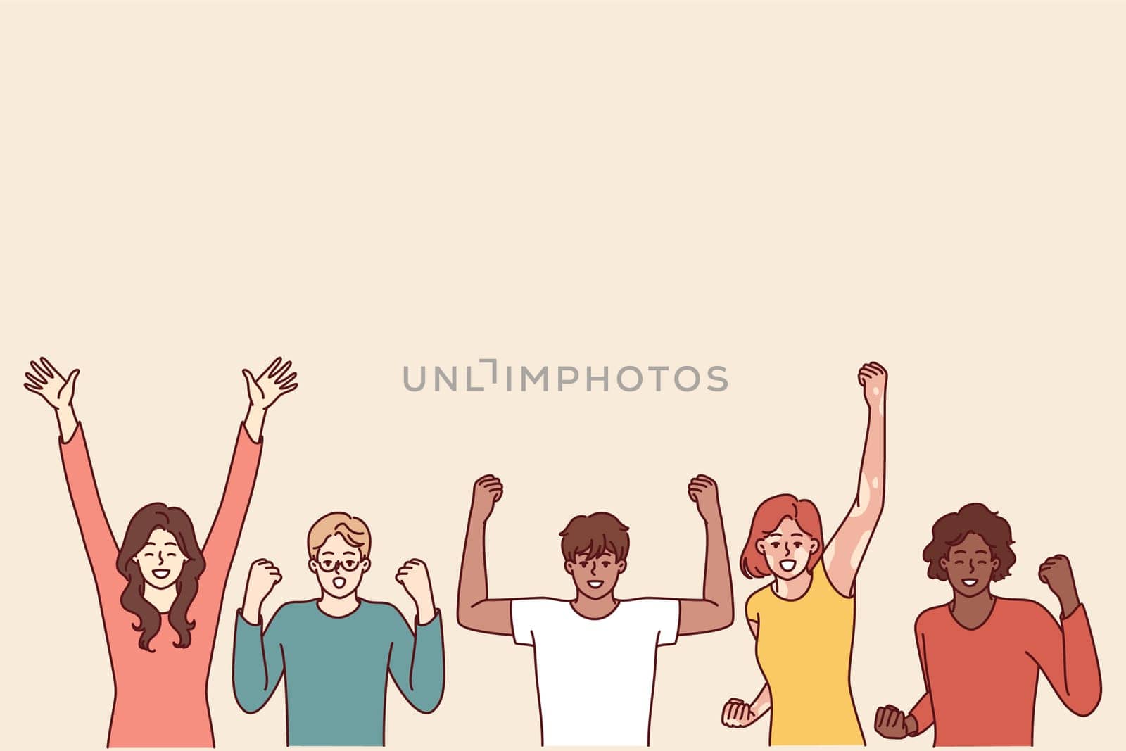 Delighted diverse people making victory gestures with hands enjoying joint success. Team of emotional people in casual clothes celebrating common victory or completion of difficult project