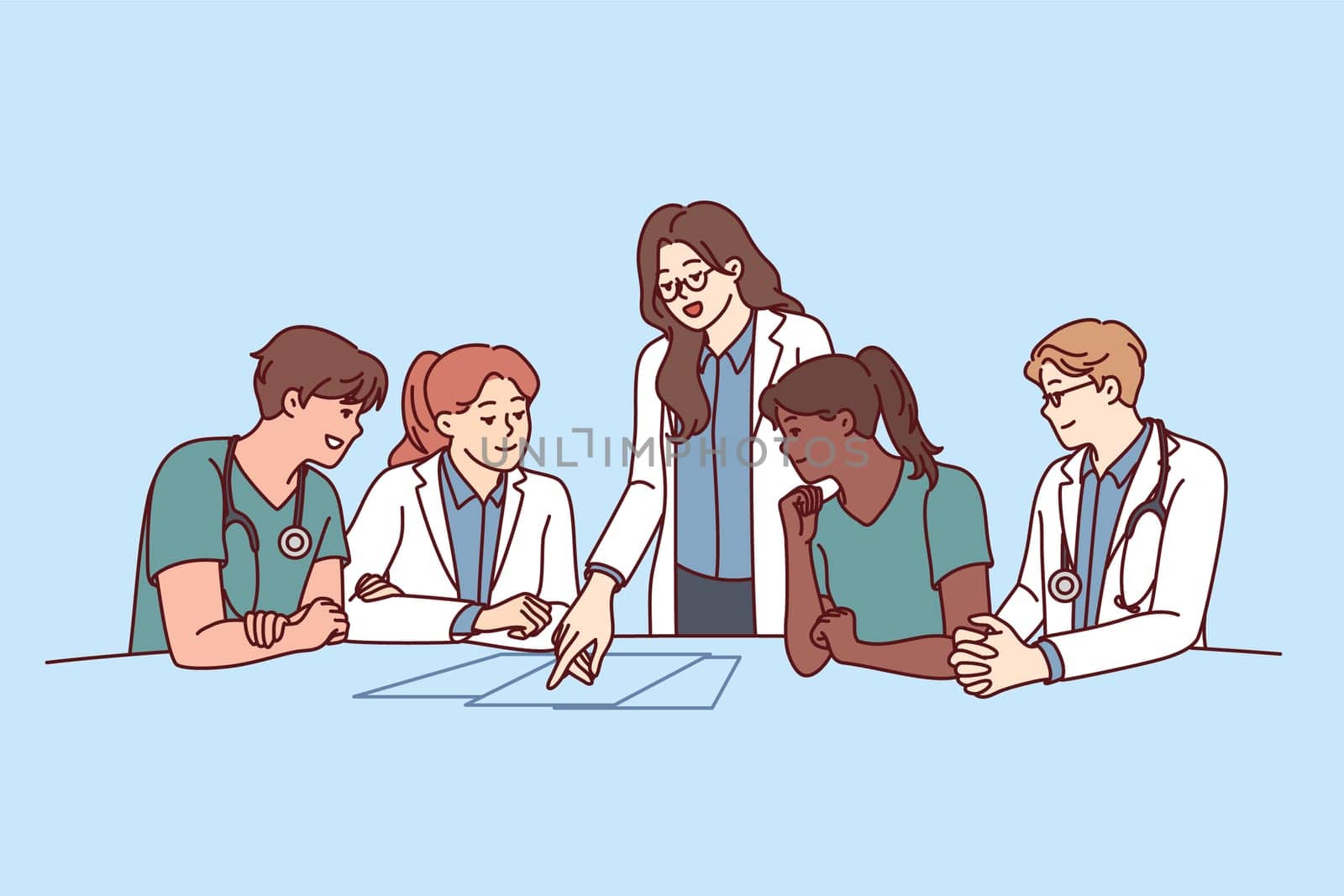 Clinic staff meeting, with doctors sitting at table and head physician giving instructions to medical workers. Men and women working in clinic choosing tactics for treatment of patient