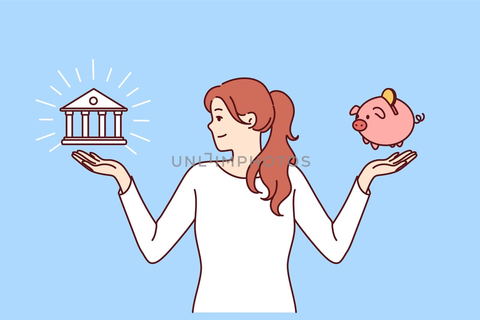 Woman chooses between bank deposit and saving money in piggy bank while planning budget. Financially literate girl makes difficult decision choosing place to save money or invest capital