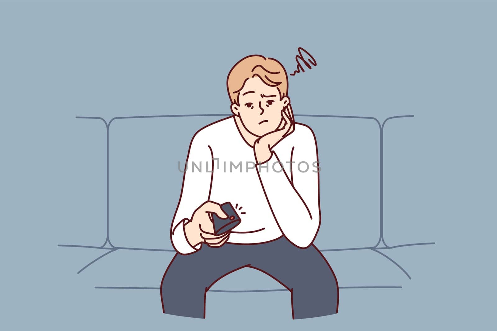 Bored man holding TV remote due to lack of satellite TV channels with interesting shows. Concept frustration and procrastination associated with lack of motivation caused by emotional burnout