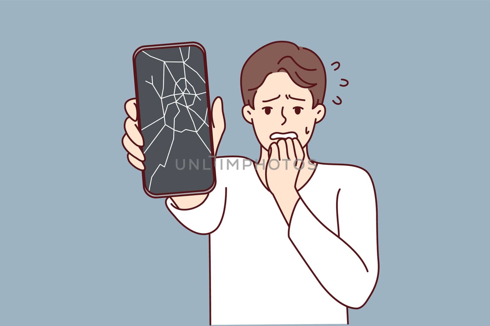 Man reacts emotionally to broken phone by bringing hand to mouth and experiencing shock due to breakdown. Guy with broken smartphone needs to replace display matrix by service center employees