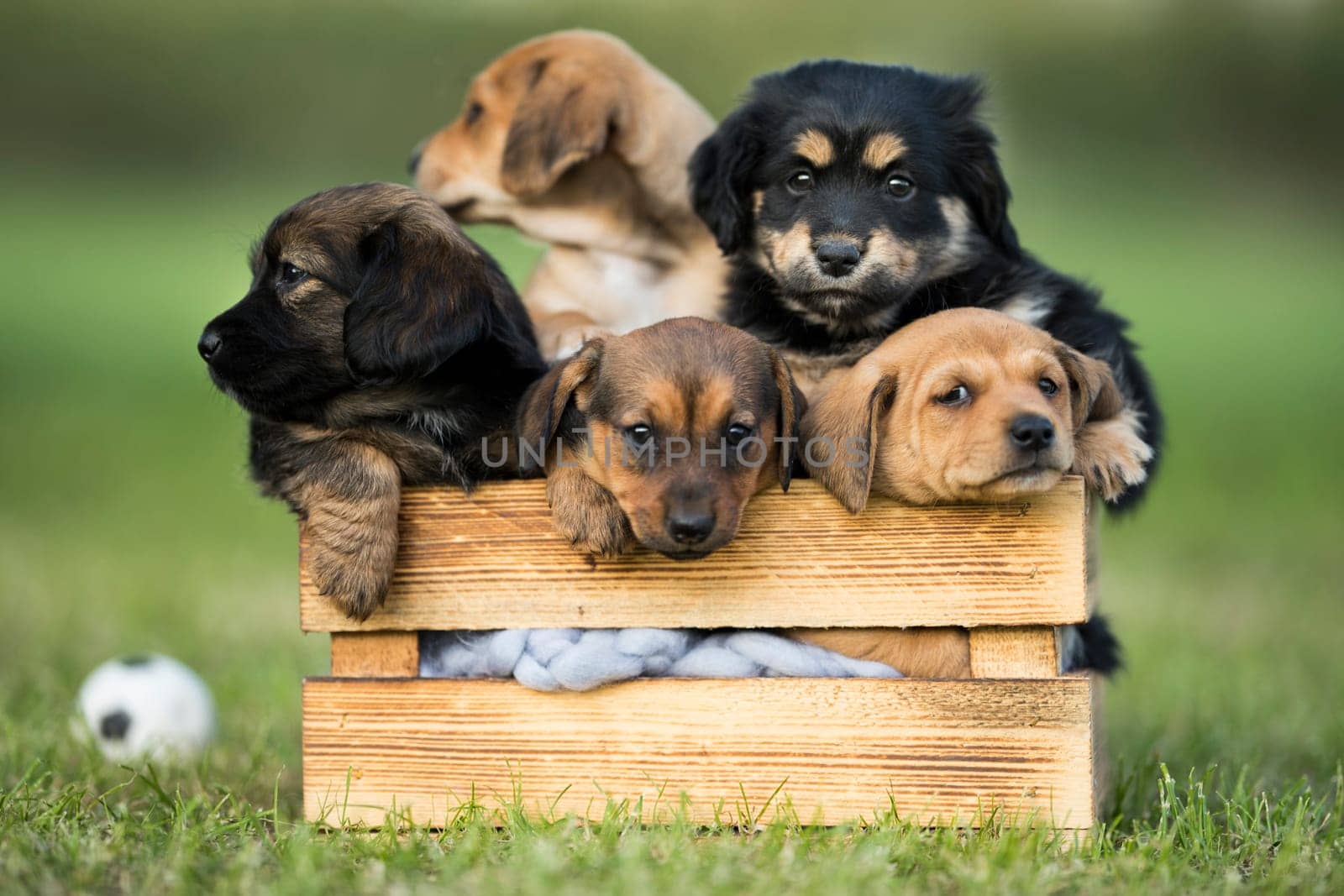 A group of cute puppies in a wooden crate on the grass