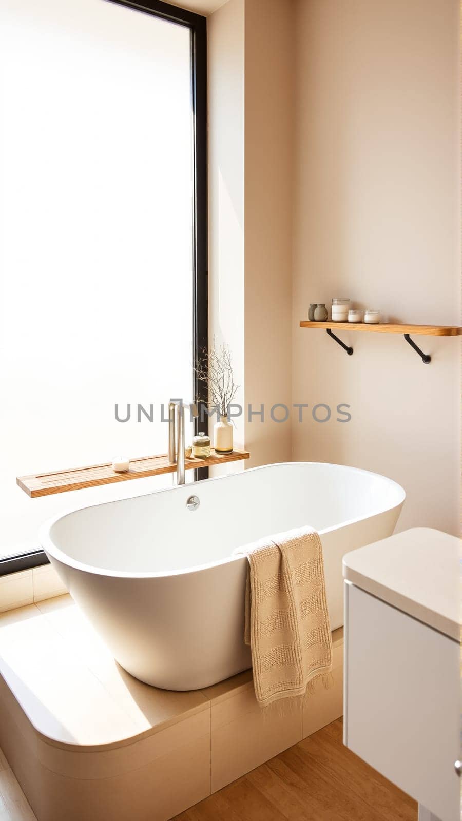 Scandinavian style bathroom interior in light colors. The bathtub is located near the window. High quality photo