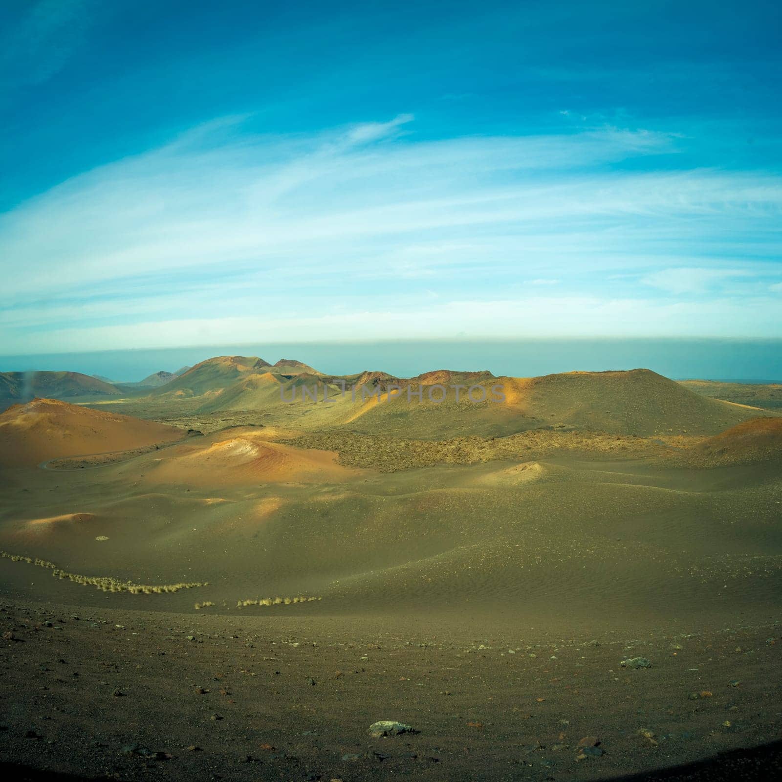 View on the volcanic landscape of Timanfaya National Park on the Canary Island of Lanzarote in Spain. Beauty in nature.