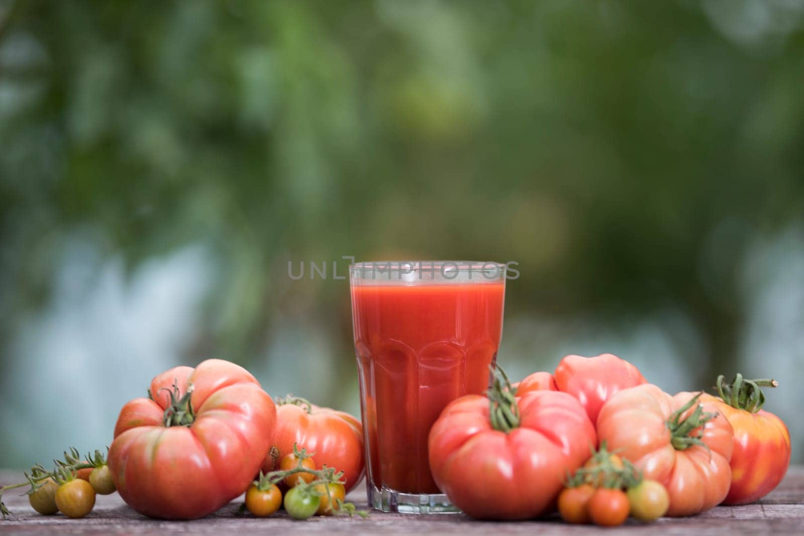 Fresh tomato juice, on a wooden background