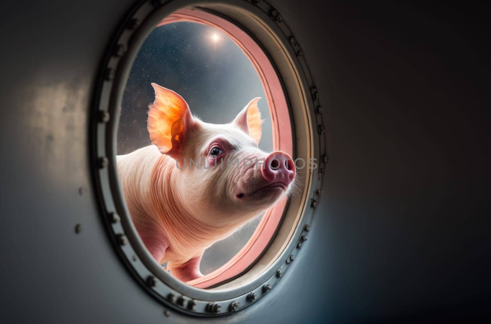 Pig in space looking out of the window of a space ship. Generative AI
