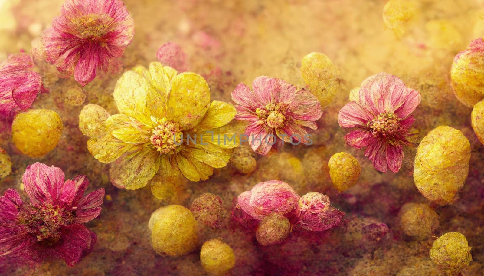 Background with beautiful yellow and red flowers with texture. Generative AI