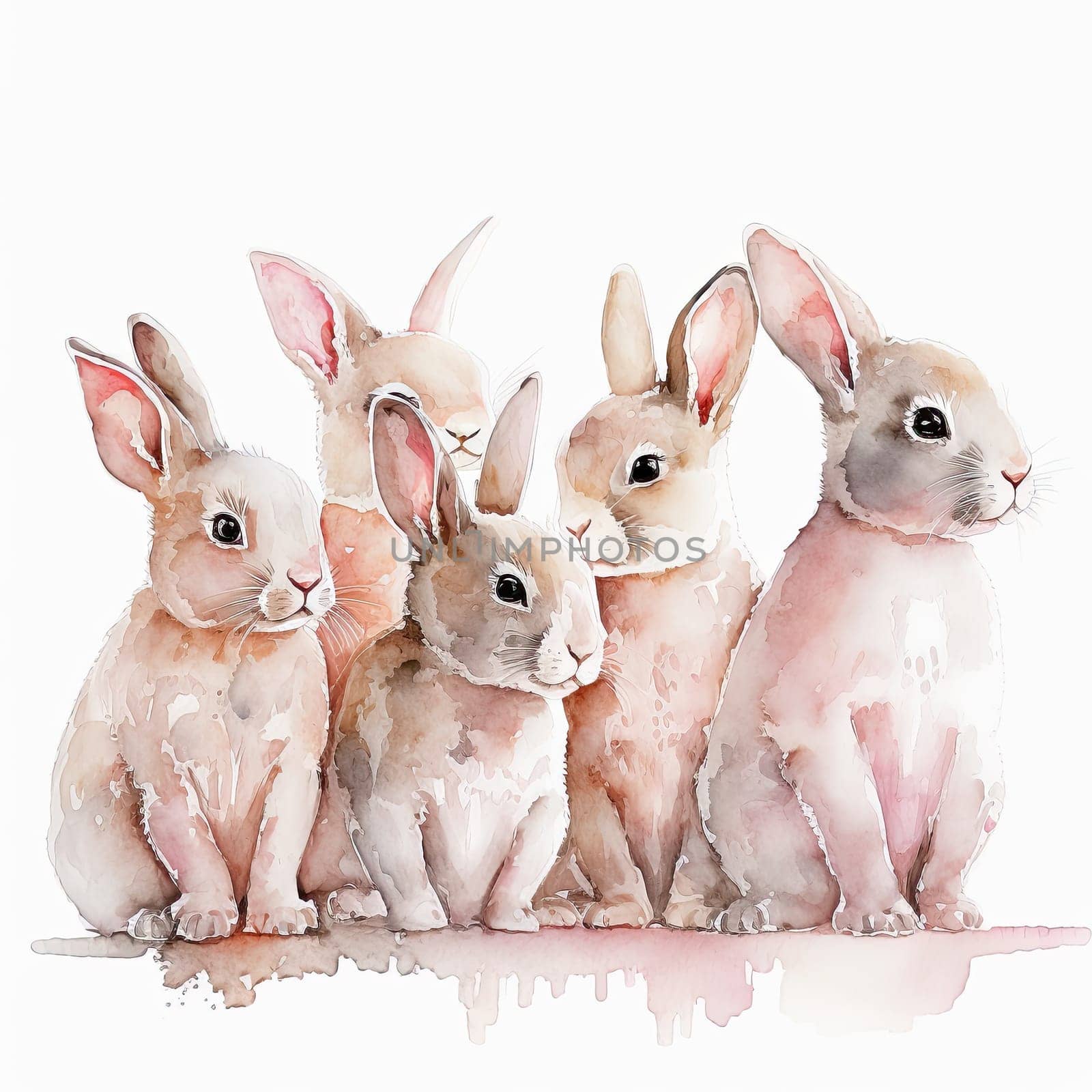 Pink watercolor bunnies on white. Generative AI
