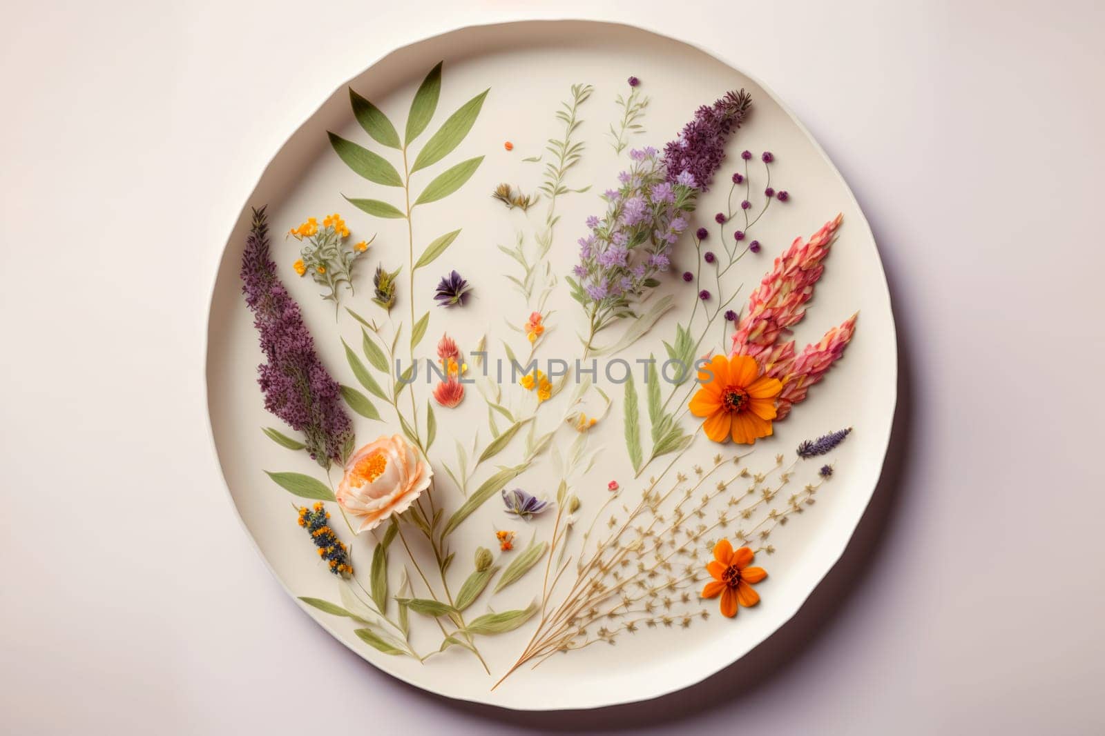 Plate with flowers on beige background. Generative AI