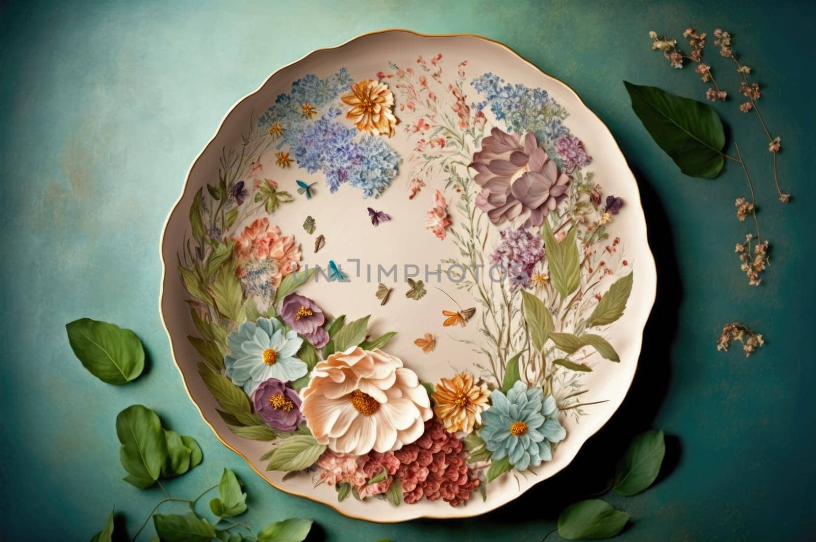 Plate with flowers on green background. Generative AI