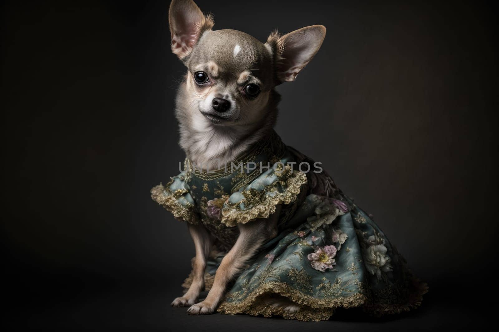 Chihuahua wearing a pretty historic dress against dark background. Generative AI